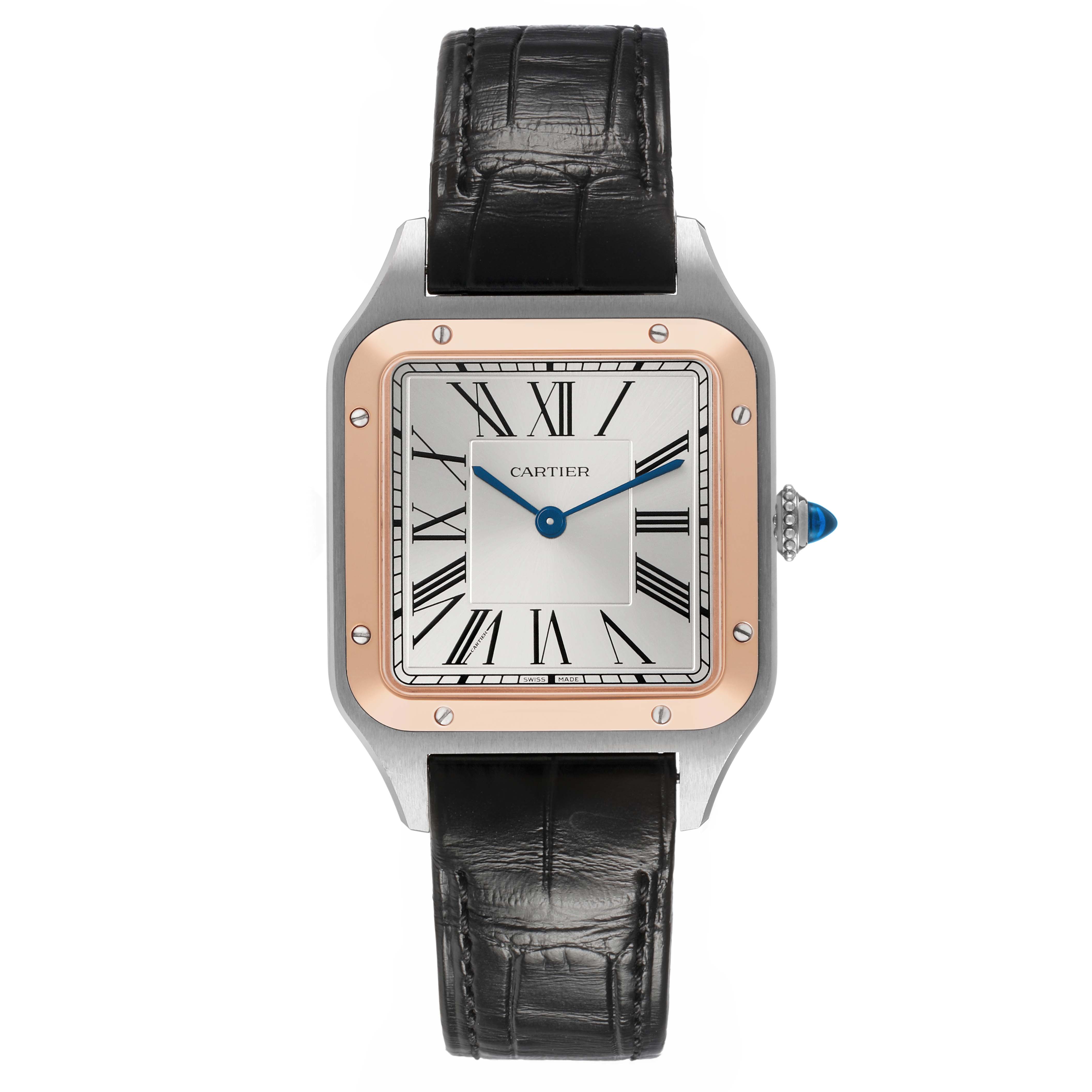 The Cartier Santos Dumont W2SA0011 Men's Stainless Steel Silver Dial watch is shown from the front, featuring a square face, Roman numerals, and a black leather strap.