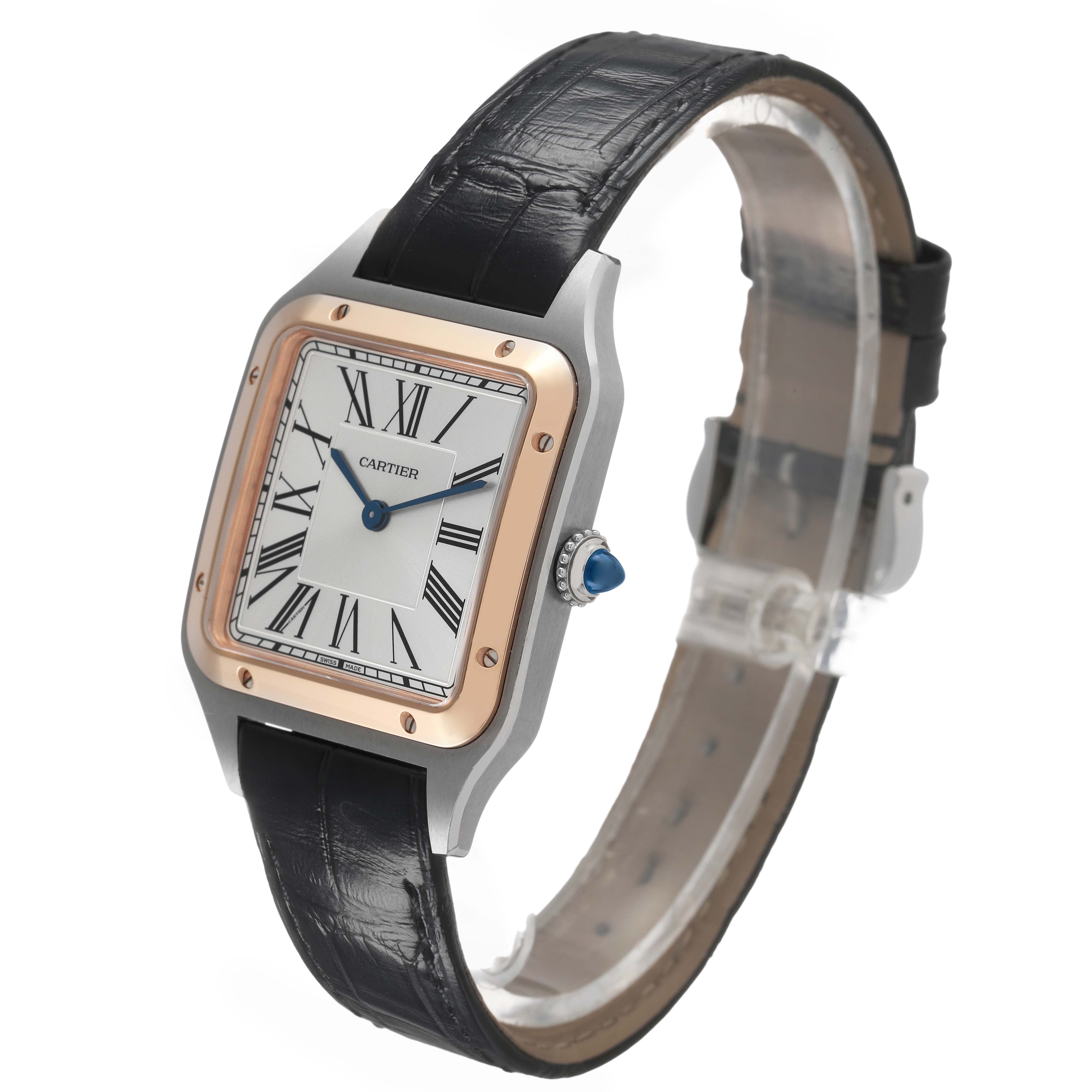 The Cartier Santos Dumont W2SA0011 Men's Stainless Steel Silver Dial watch is shown from a three-quarter angle, highlighting its dial, crown, and leather strap.