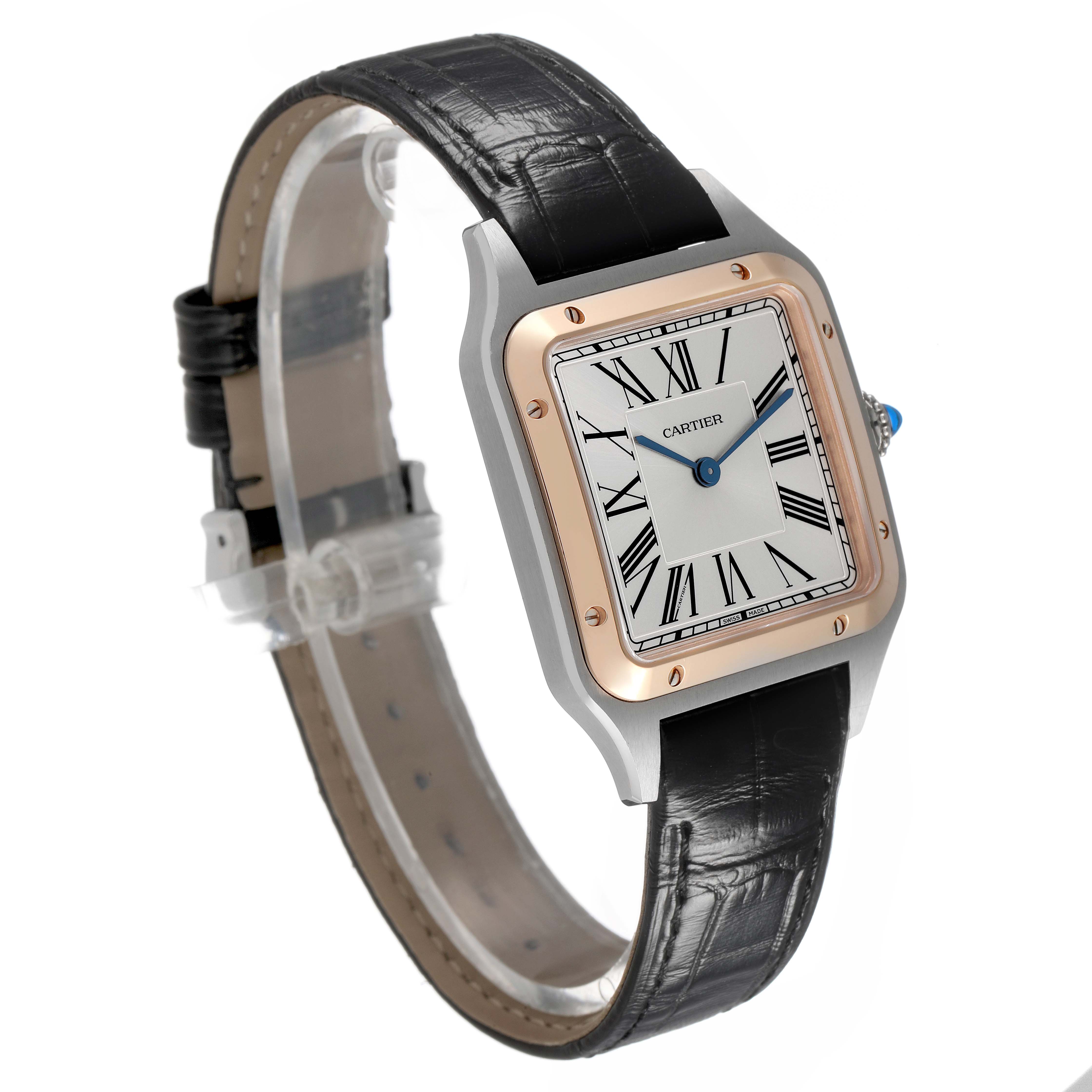 The Cartier Santos Dumont W2SA0011 Men's Stainless Steel Silver Dial watch is shown at a three-quarter angle, displaying the face, bezel, crown, and strap.