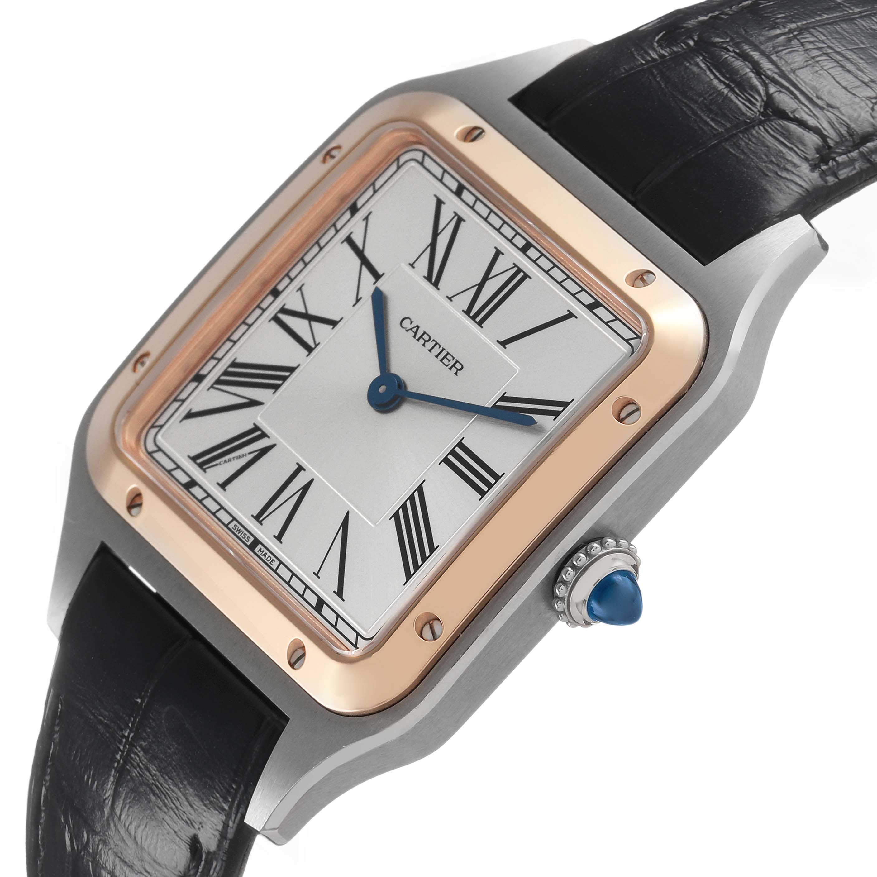 The image shows the Santos Dumont by Cartier from a three-quarter angle, highlighting the face, hands, bezel, and crown.