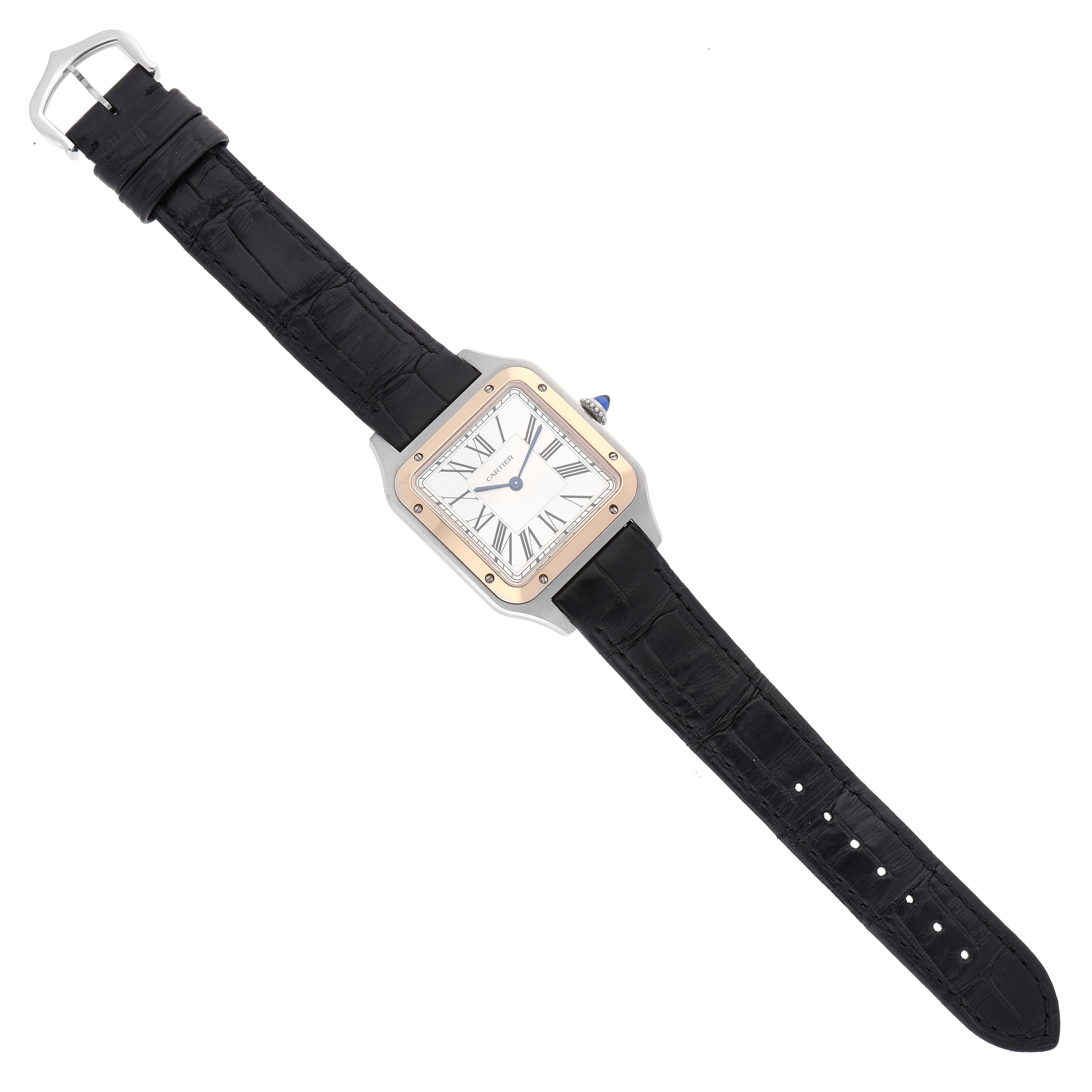 The Cartier Santos Dumont W2SA0011 Men's Stainless Steel Silver Dial watch is shown from a top-down angle, displaying the face, bezel, and black strap.
