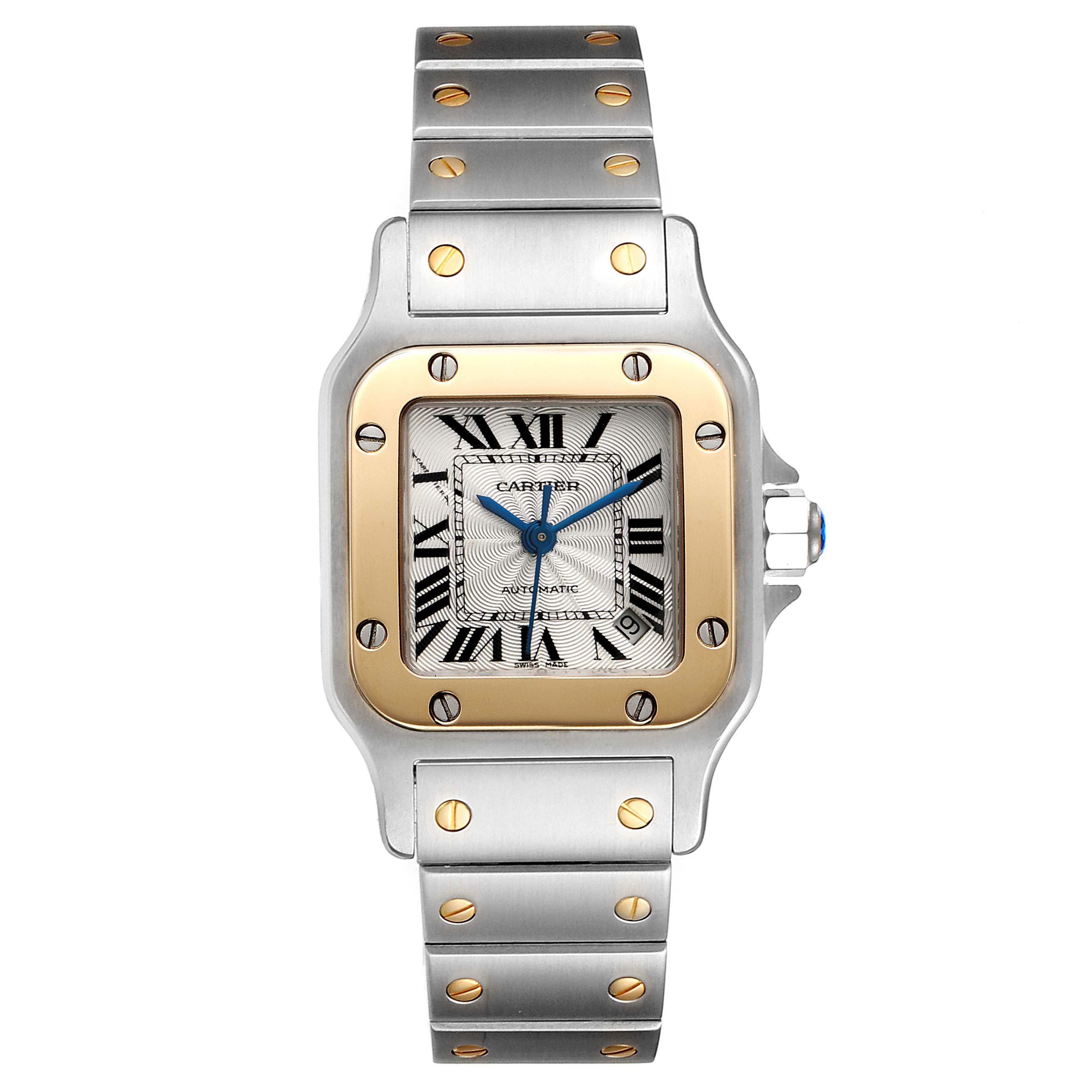 This image shows a Cartier Santos W20057C4 Women's Steel and Gold (two tone) Silver Dial W20057C4 Women's Steel and Gold (two tone) Silver Dial watch viewed from the front, displaying the face, bezel, and bracelet.