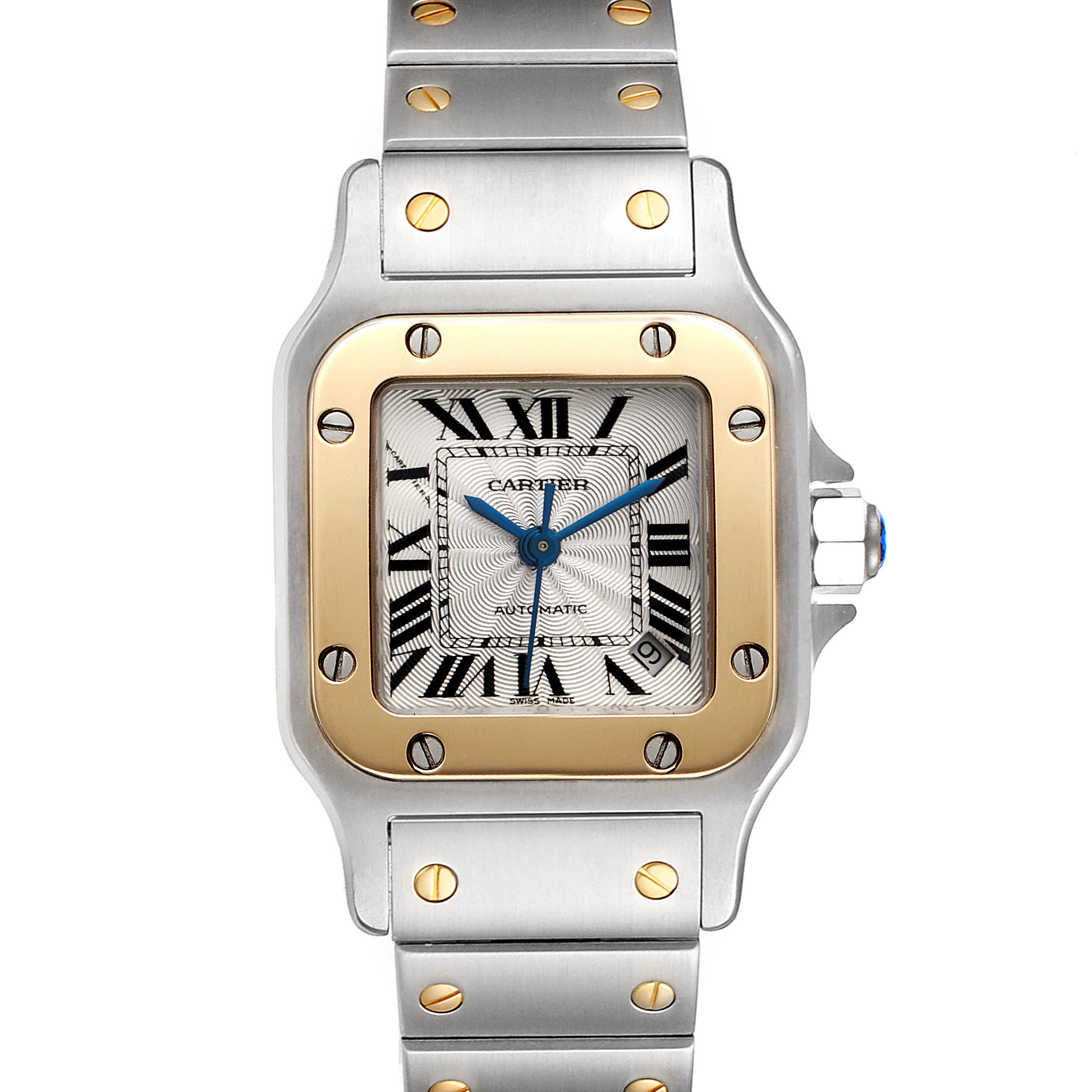 The image shows a front view of the Cartier Santos W20057C4 Women's Steel and Gold (two tone) Silver Dial W20057C4 Women's Steel and Gold (two tone) Silver Dial watch, highlighting its face, bezel, and bracelet.