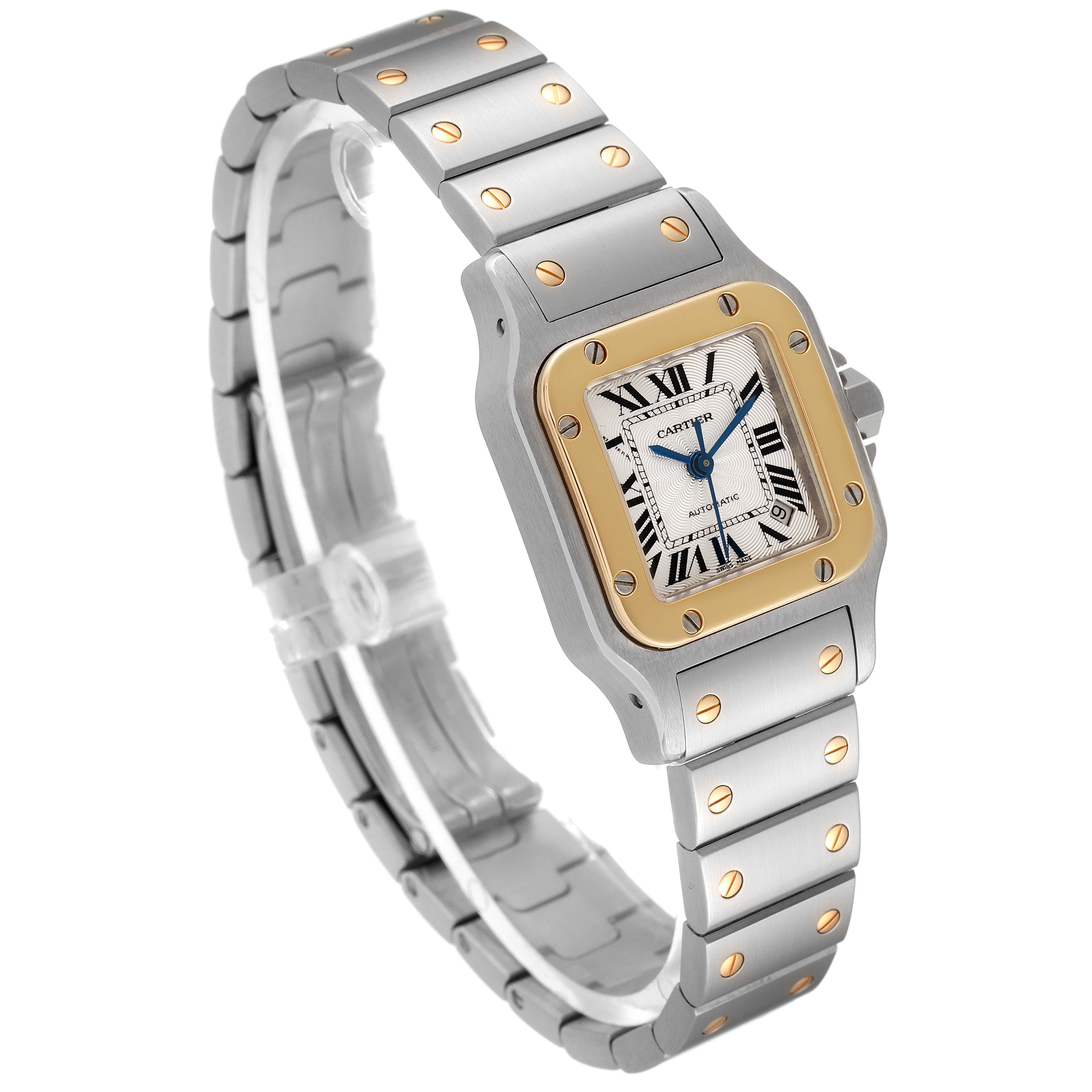 The image shows a Cartier Santos W20057C4 Women's Steel and Gold (two tone) Silver Dial W20057C4 Women's Steel and Gold (two tone) Silver Dial watch at a three-quarter angle, highlighting the face, bezel, and part of the bracelet.