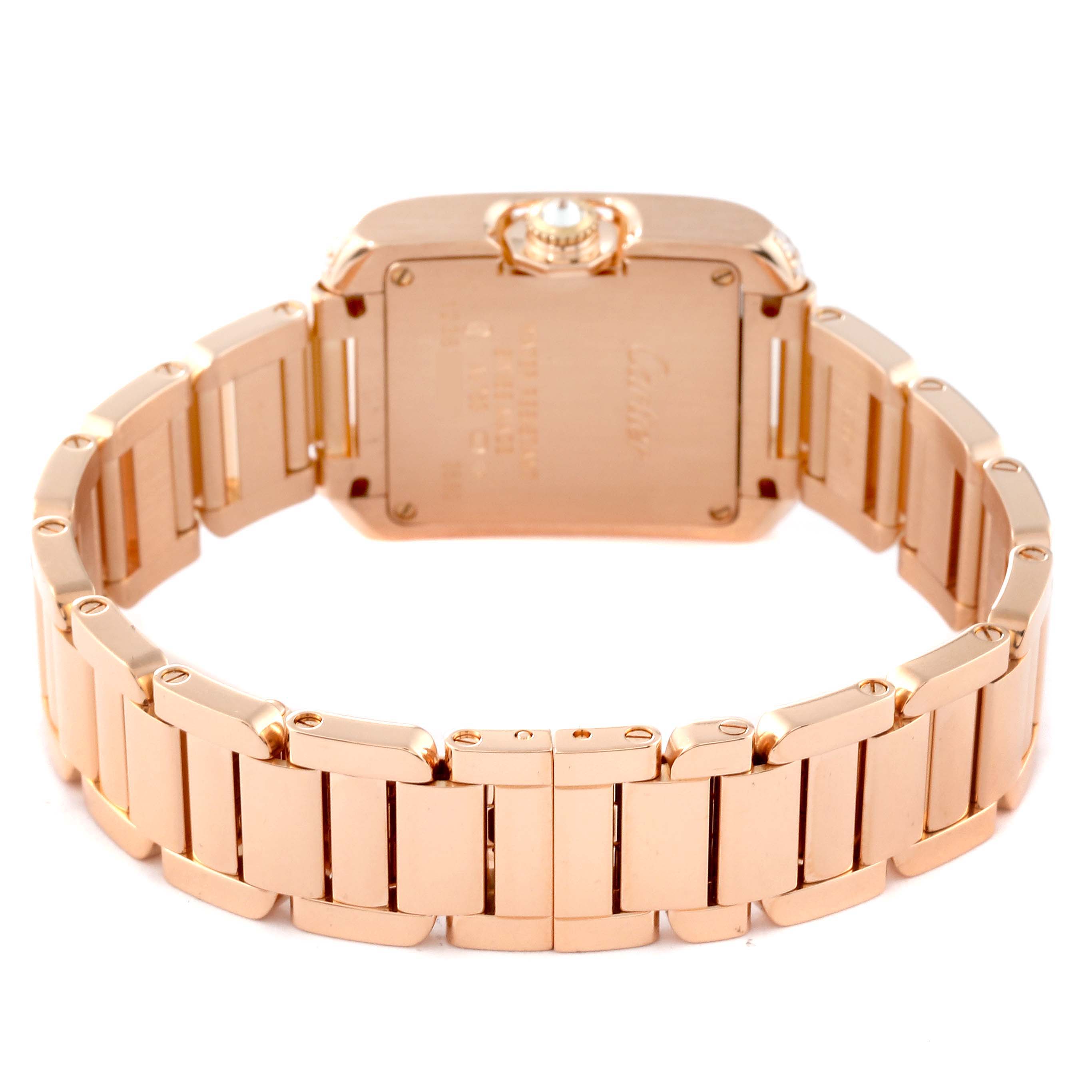 The image shows the back and bracelet of a Cartier Tank Anglaise WT100002 Women
s Rose Gold Silver Dial WT100002 Women
s Rose Gold Silver Dial watch, highlighting the caseback and clasp.