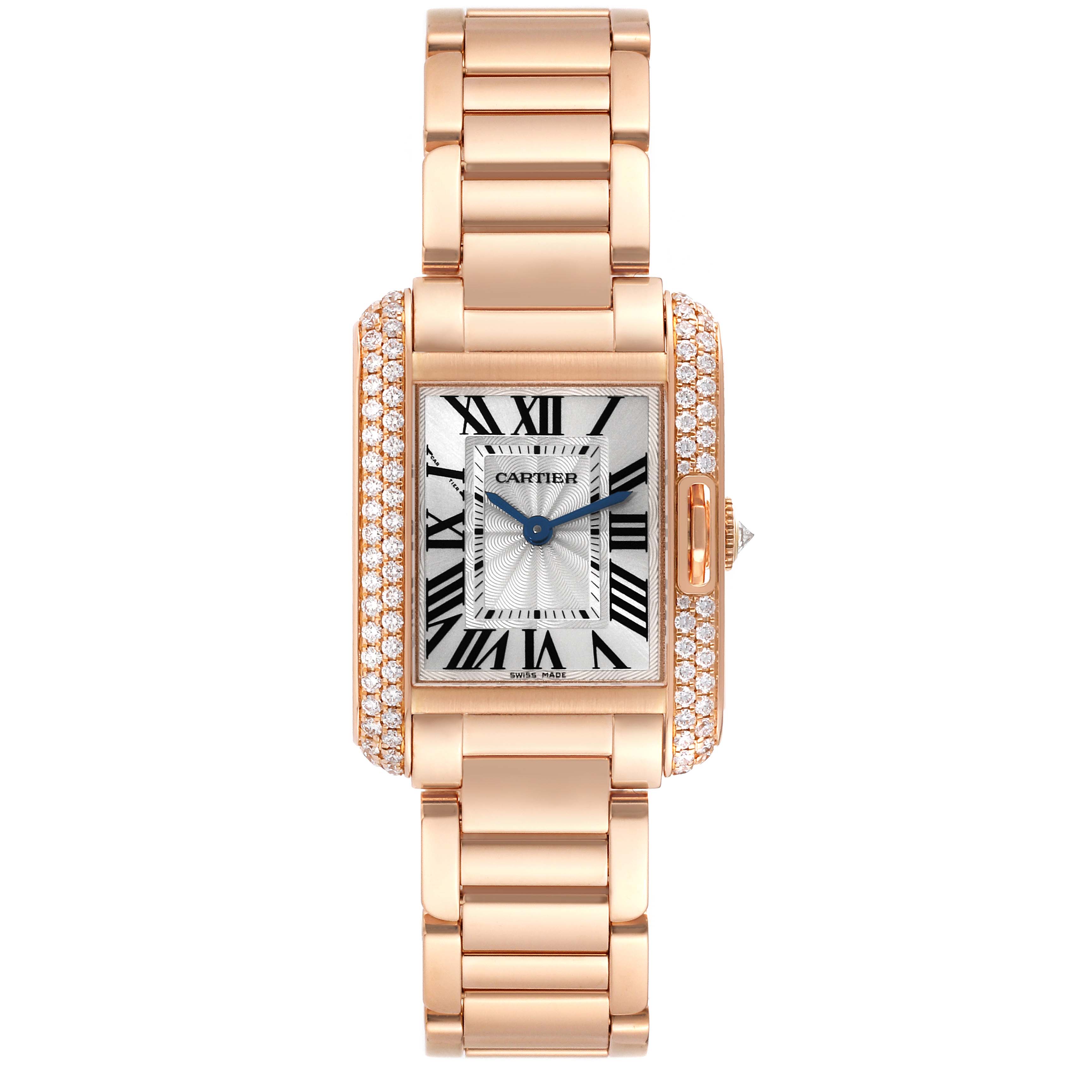 The image shows a front view of the Cartier Tank Anglaise WT100002 Women
s Rose Gold Silver Dial WT100002 Women
s Rose Gold Silver Dial watch, with its rectangular face, metal bracelet, and diamond accents.