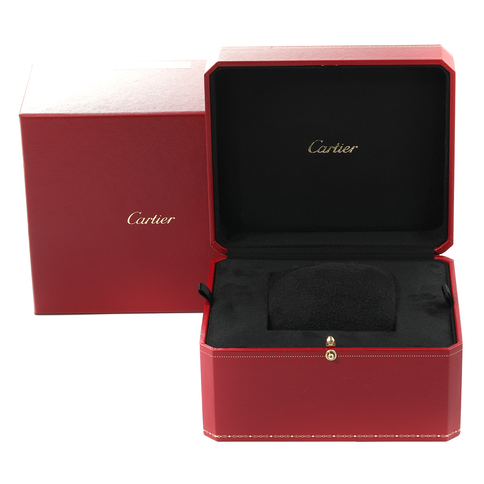 This image shows an open original red Cartier box with a black interior, used to hold a Tank Anglaise model watch.