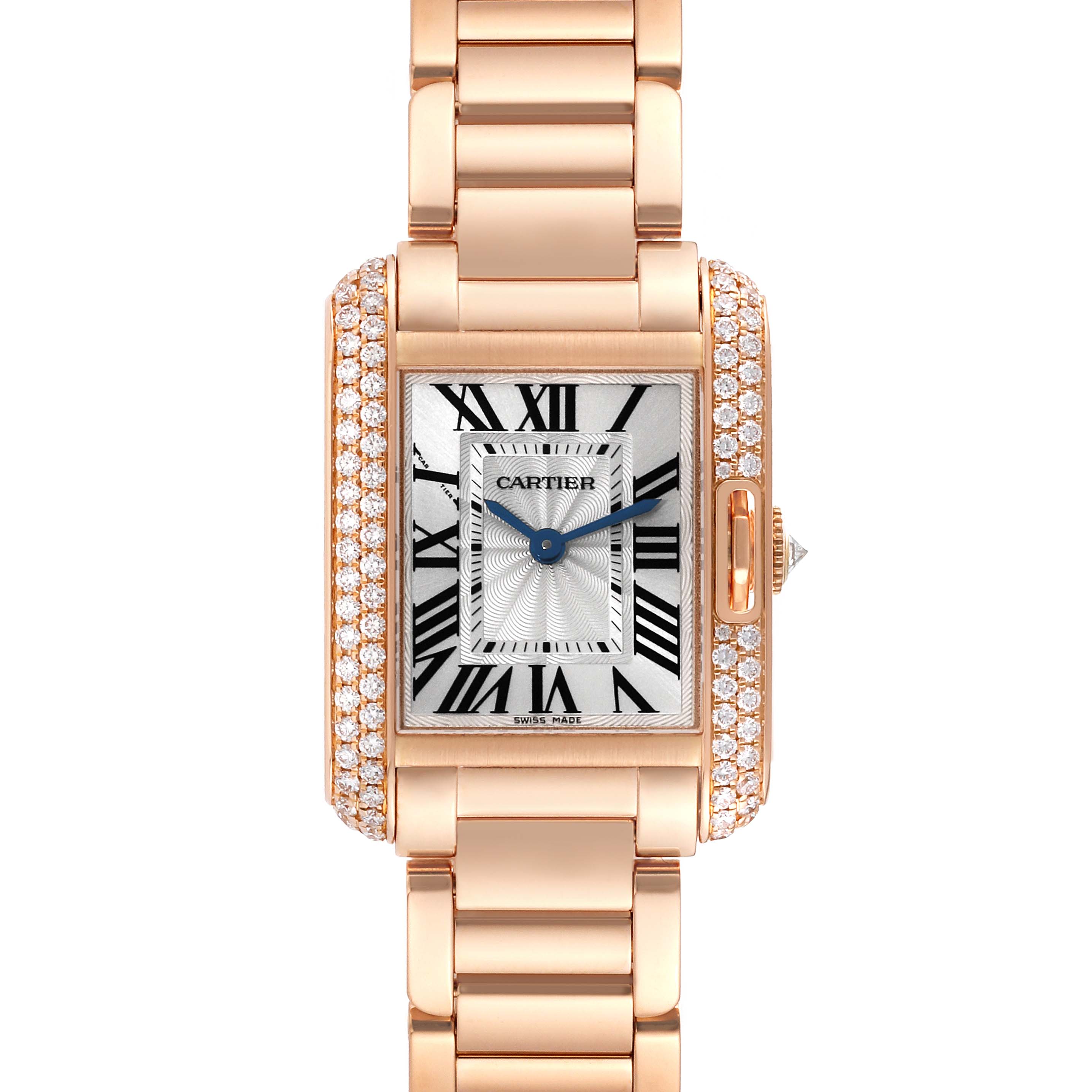 The Cartier Tank Anglaise WT100002 Women
s Rose Gold Silver Dial WT100002 Women
s Rose Gold Silver Dial watch is shown from a top view, highlighting its rectangular dial, Roman numerals, and diamond-encrusted bezel.