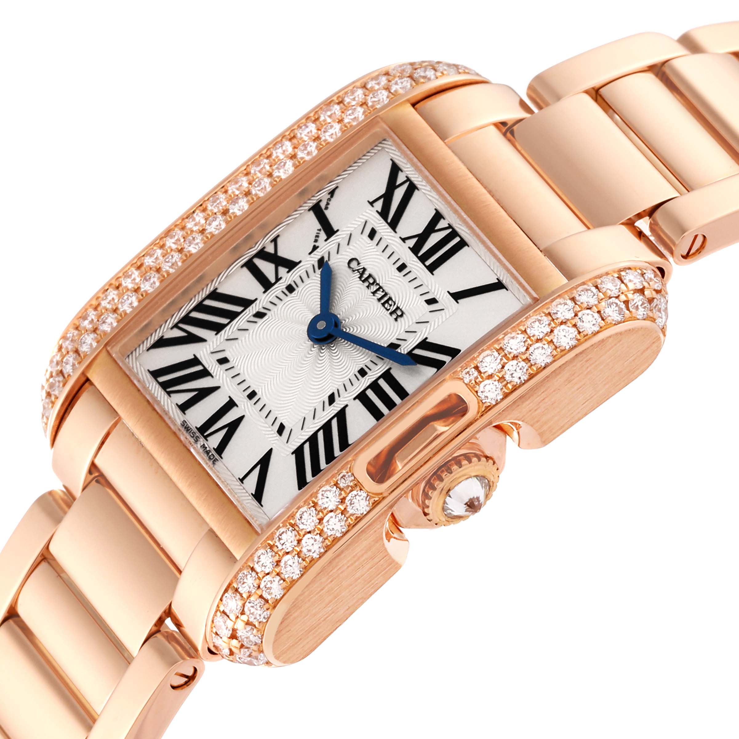The Cartier Tank Anglaise WT100002 Women
s Rose Gold Silver Dial WT100002 Women
s Rose Gold Silver Dial watch is shown at an angled side view, highlighting the dial, bracelet, and bejeweled case.