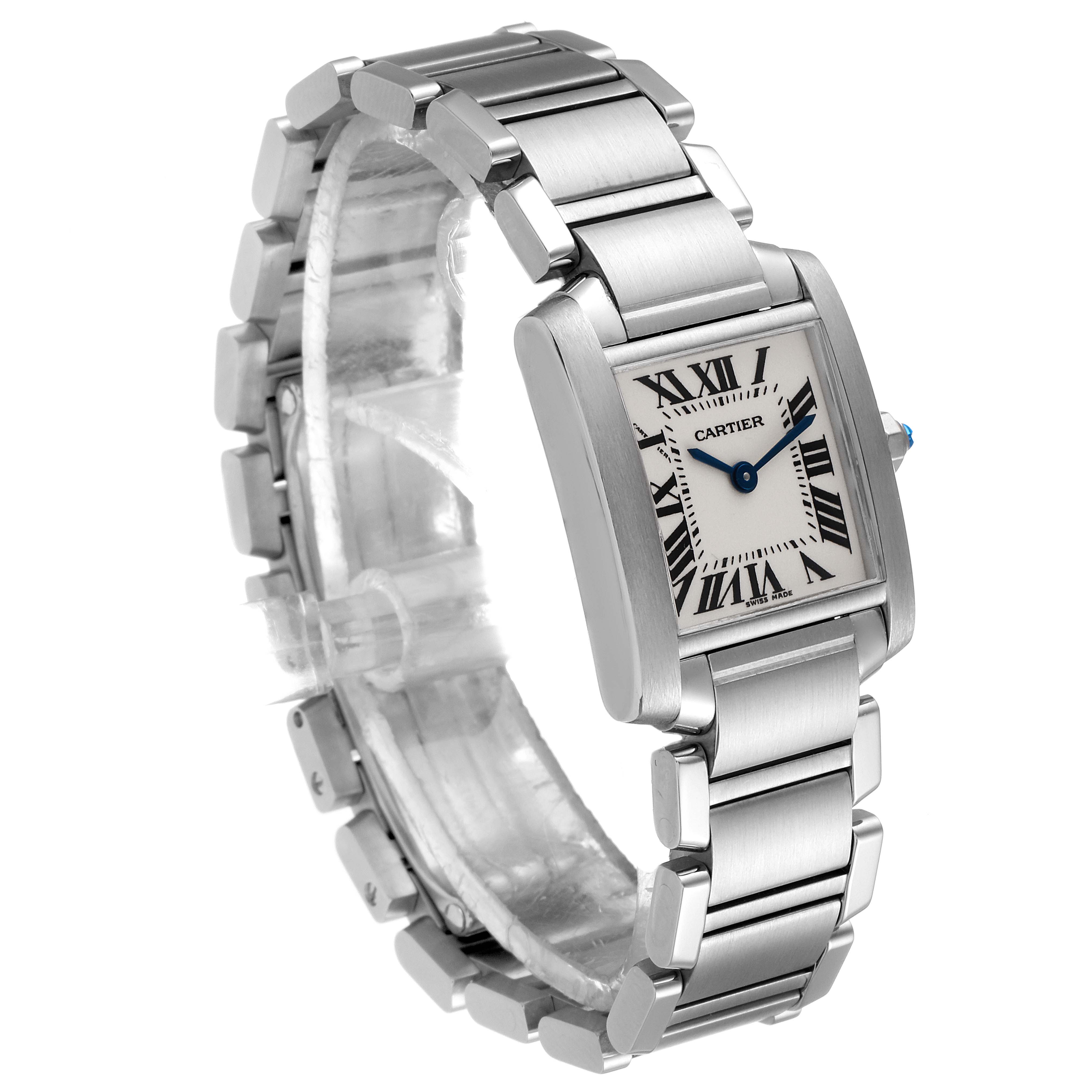 The image shows a Cartier Tank Francaise W51008Q3 Women's Stainless Steel Silver Dial W51008Q3 Women's Stainless Steel Silver Dial watch angled diagonally, highlighting its stainless steel case, bracelet, and rectangular face.