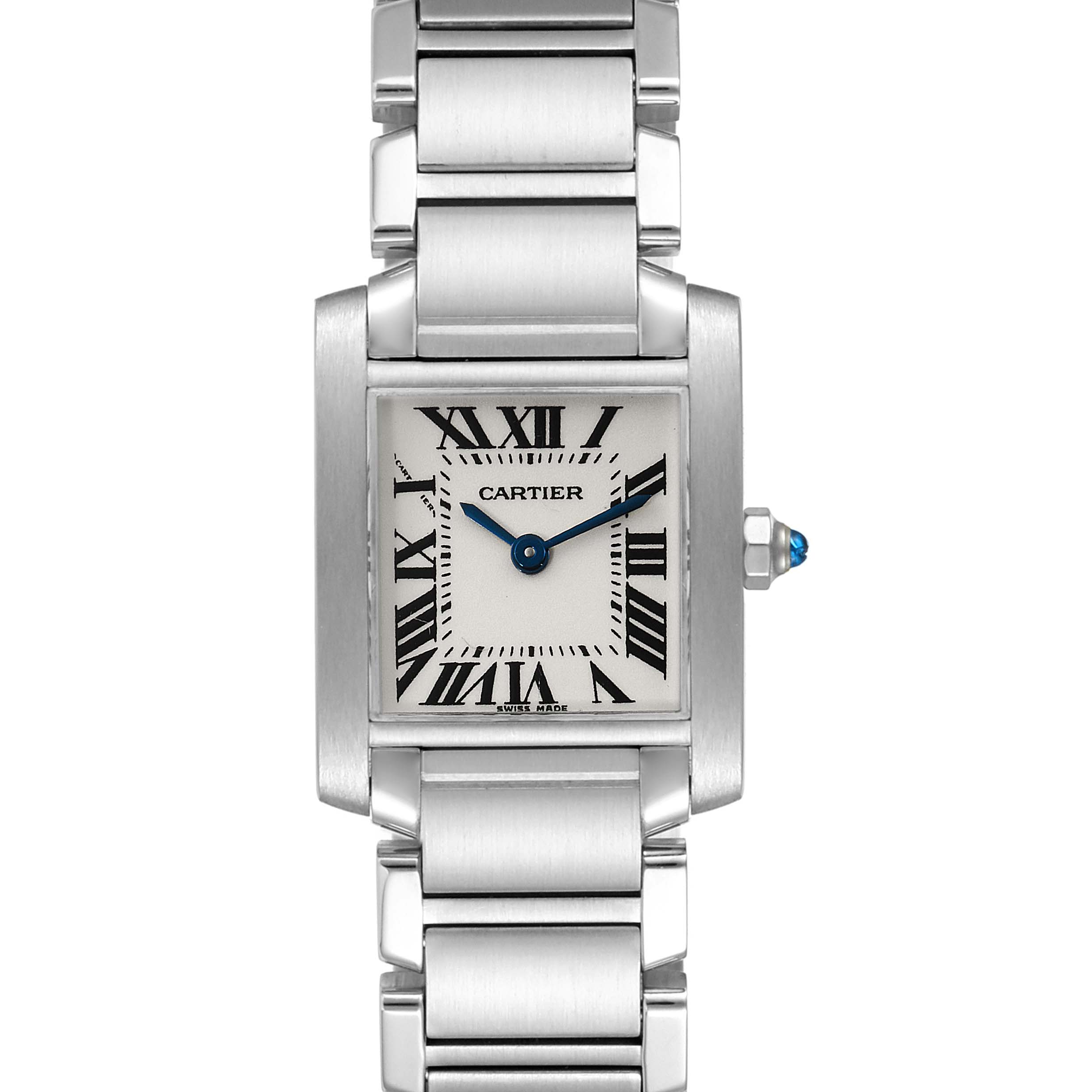 The image shows a frontal view of the Cartier Tank Francaise W51008Q3 Women's Stainless Steel Silver Dial W51008Q3 Women's Stainless Steel Silver Dial watch, highlighting the square face, Roman numerals, and stainless steel bracelet.