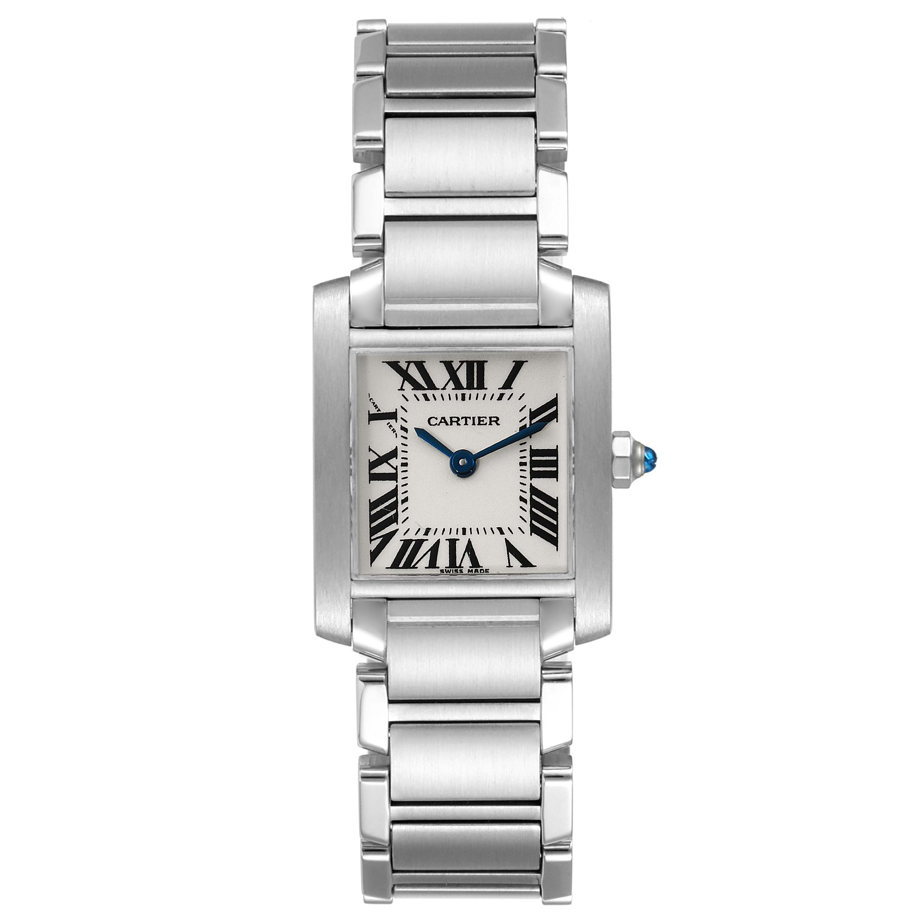 The image shows the Cartier Tank Française watch from a front angle featuring the face, Roman numerals, hands, and metal bracelet.