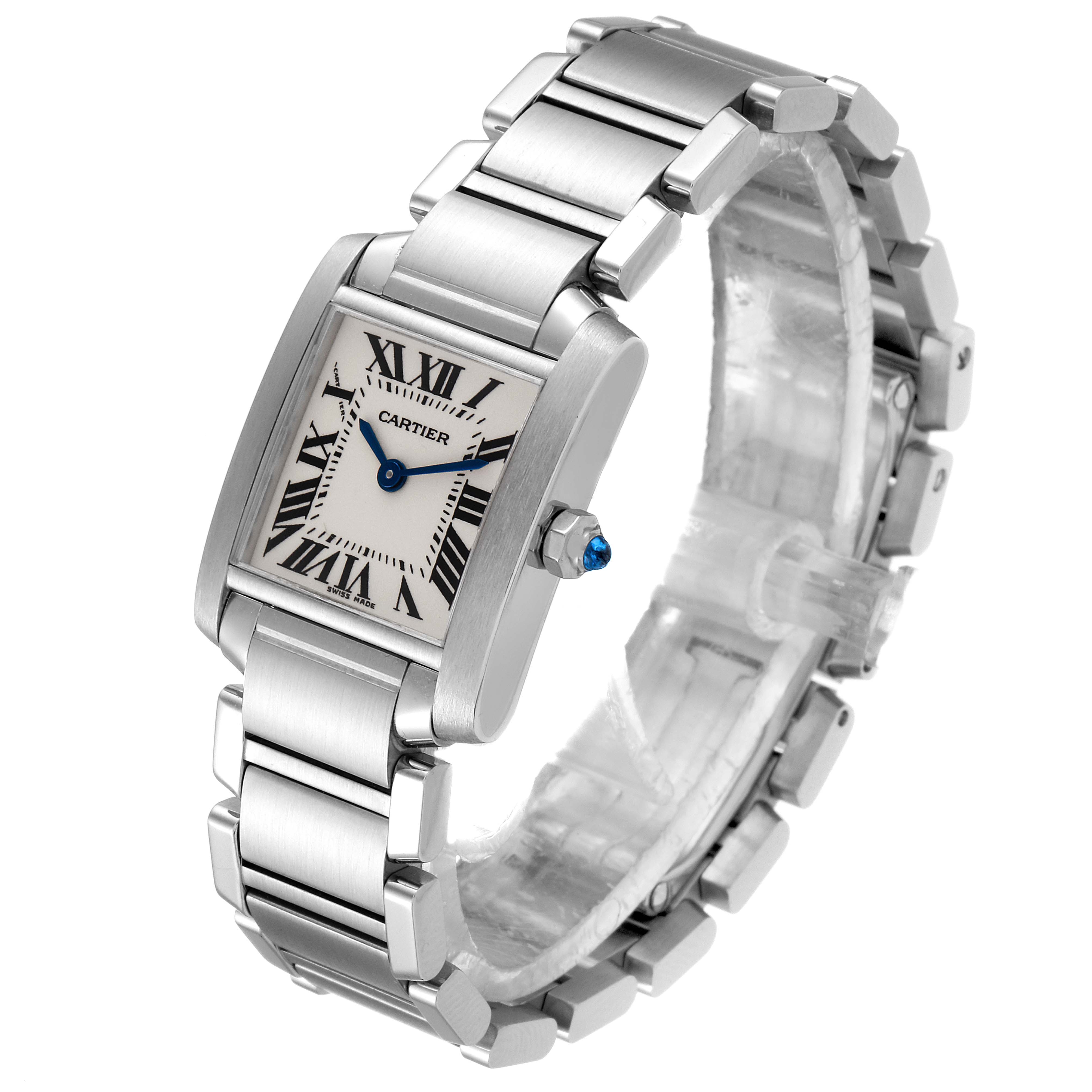 The Cartier Tank Francaise W51008Q3 Women's Stainless Steel Silver Dial W51008Q3 Women's Stainless Steel Silver Dial watch is shown at a slight angle, displaying its face, bracelet, and rectangular shape.