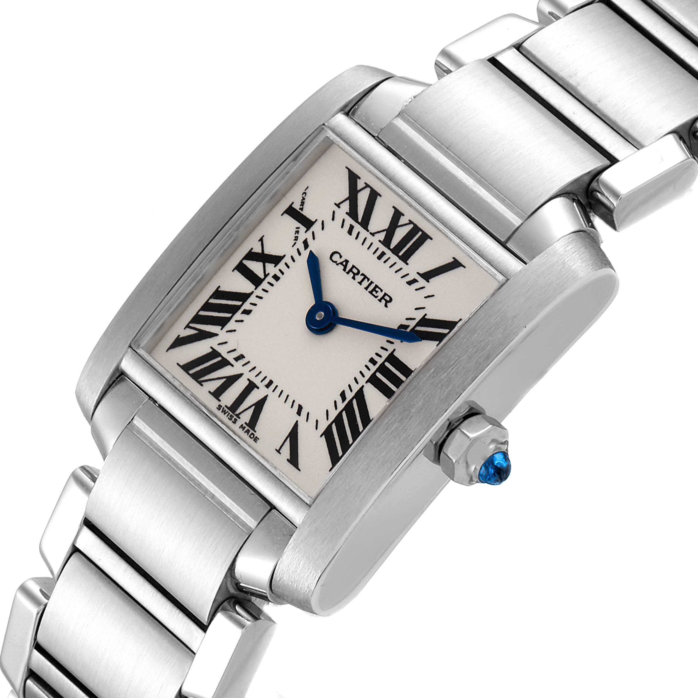 The image shows the Cartier Tank Française watch at an angled close-up, highlighting its dial, crown, and part of the bracelet.