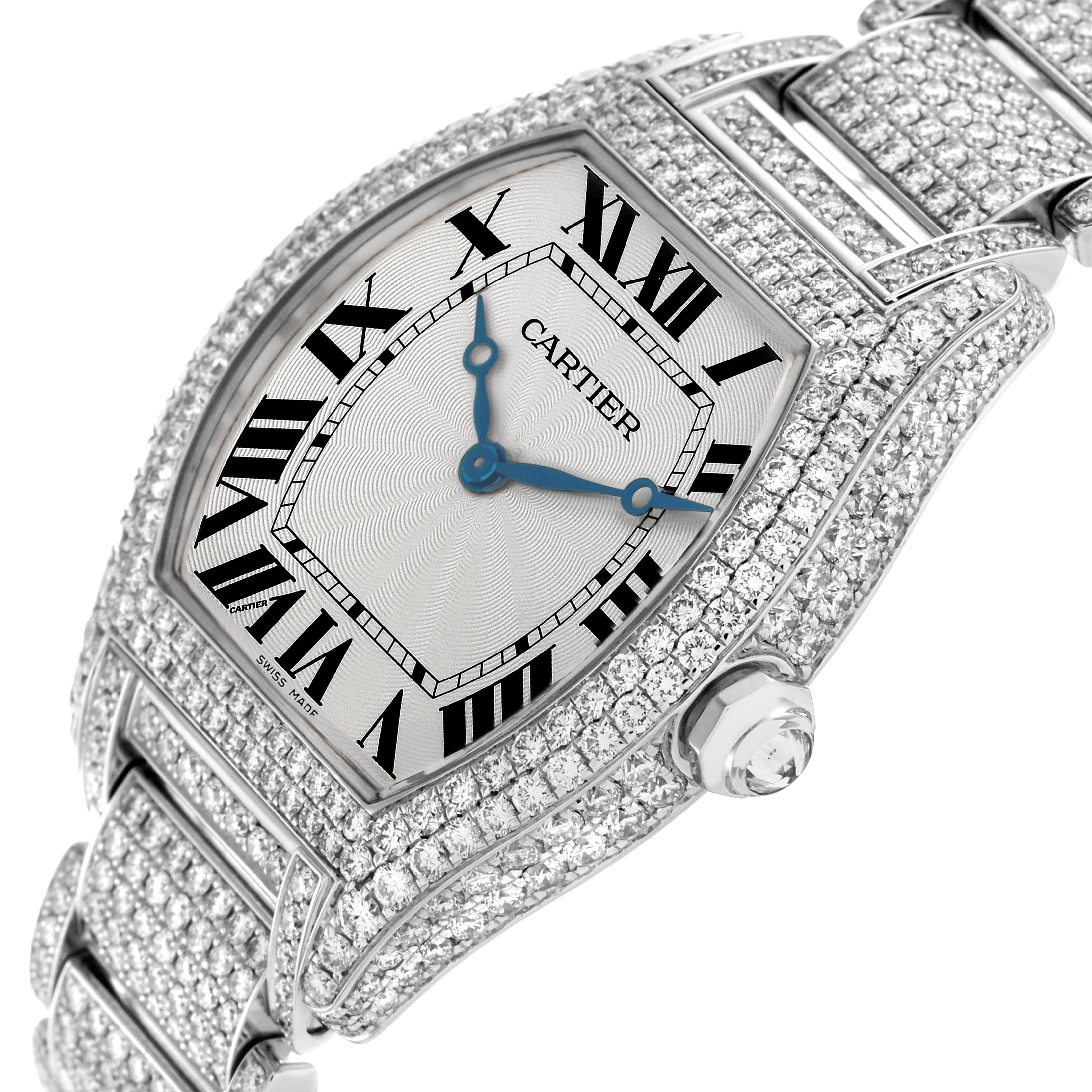 The Cartier Tortue WA5043MC Men's White Gold Silver Dial WA5043MC Men's White Gold Silver Dial watch is shown at an angled close-up, highlighting its diamond-set case, Roman numeral dial, and blue hands.