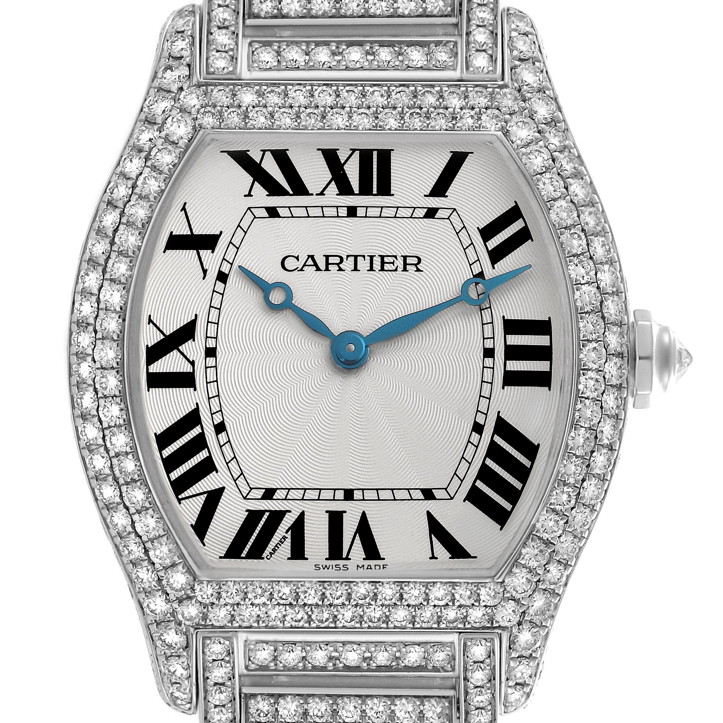 The Cartier Tortue WA5043MC Men's White Gold Silver Dial WA5043MC Men's White Gold Silver Dial watch is shown from a top view, highlighting its diamond-studded bezel, Roman numerals, and blue hands.