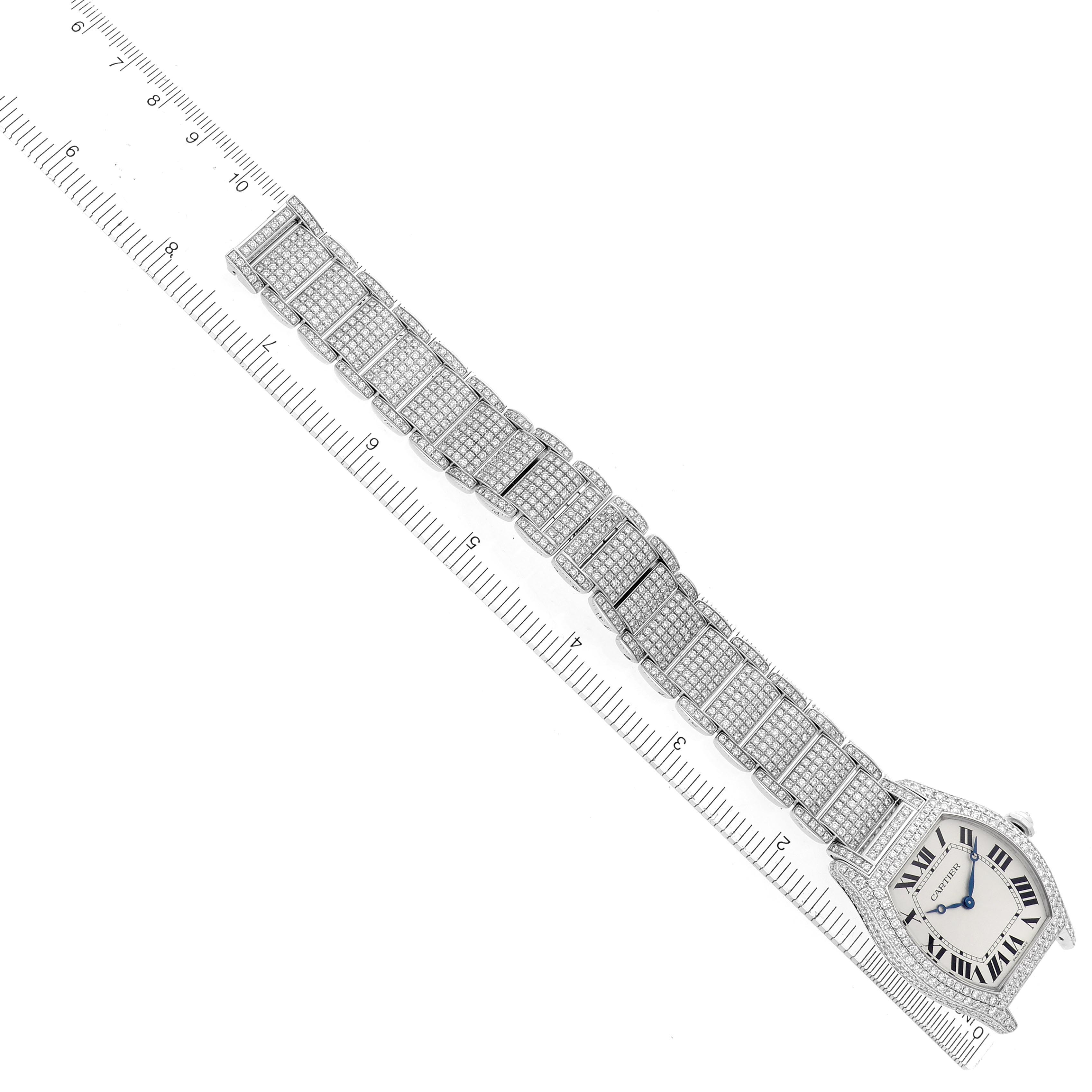 The image shows a Cartier Tortue WA5043MC Men's White Gold Silver Dial WA5043MC Men's White Gold Silver Dial watch at an overhead angle, displaying the face, bracelet, and surrounding ruler.