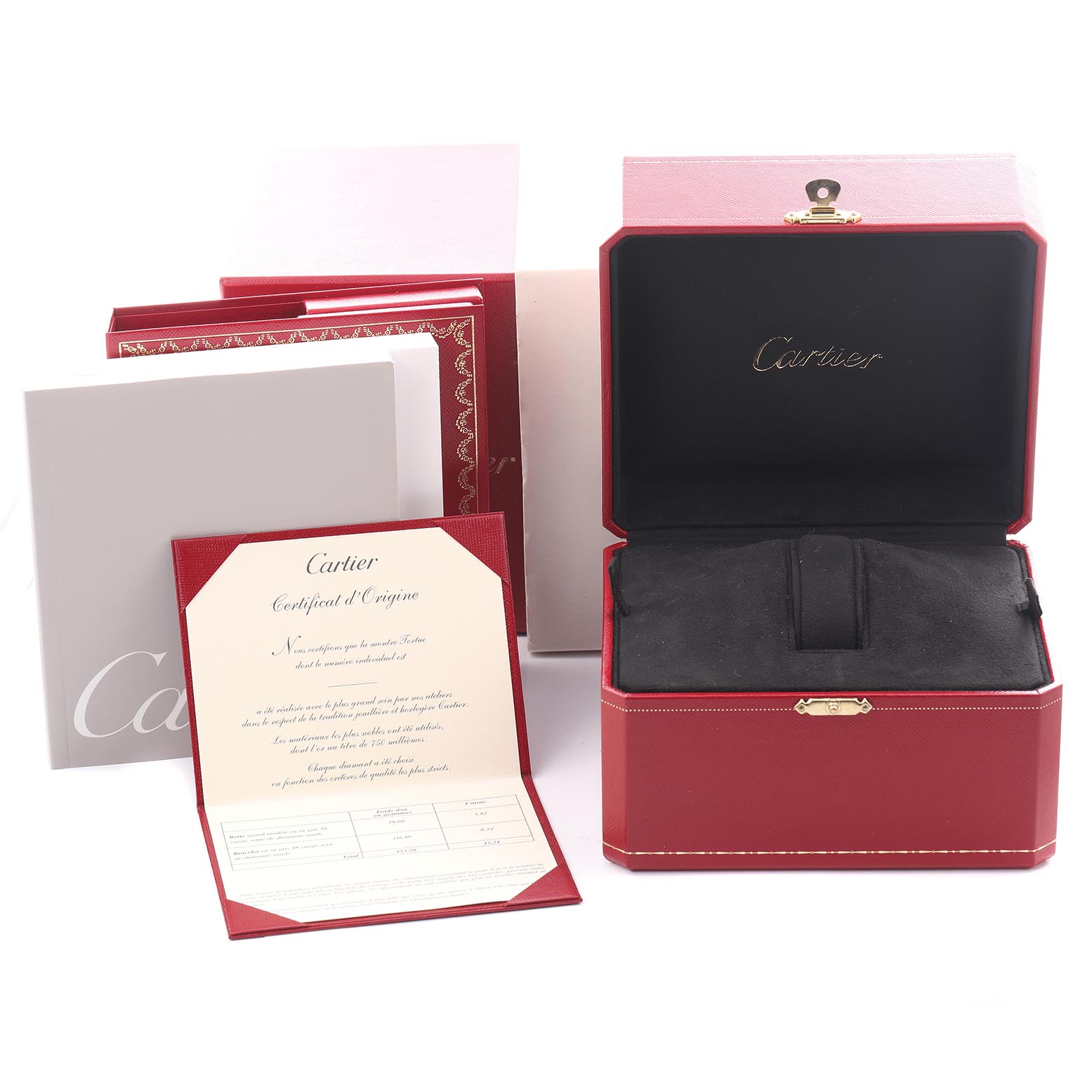 The image shows the packaging and documentation for a Cartier Tortue WA5043MC Men's White Gold Silver Dial WA5043MC Men's White Gold Silver Dial watch, including the open box and certificate.