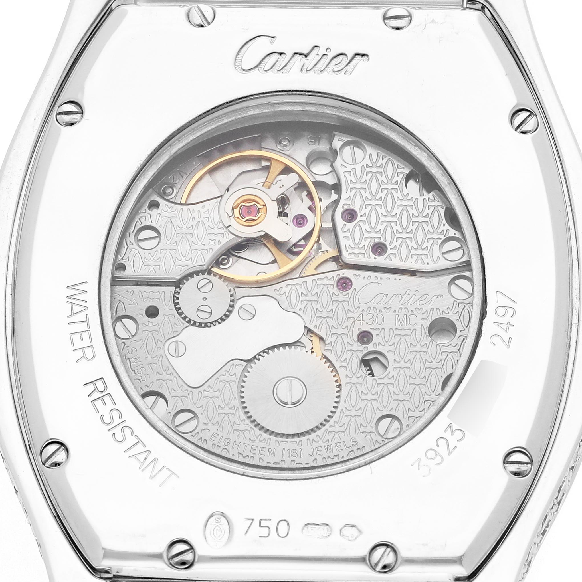 This image shows the back view of a Cartier Tortue WA5043MC Men's White Gold Silver Dial WA5043MC Men's White Gold Silver Dial watch, highlighting its intricate movement and branding details.