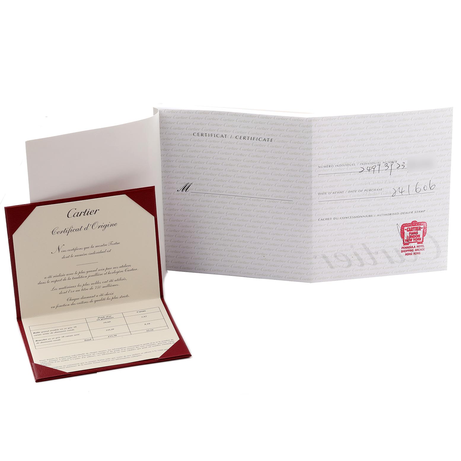 The image shows the certificates and papers for the Cartier Tortue WA5043MC Men's White Gold Silver Dial WA5043MC Men's White Gold Silver Dial model, displayed open to reveal their details.