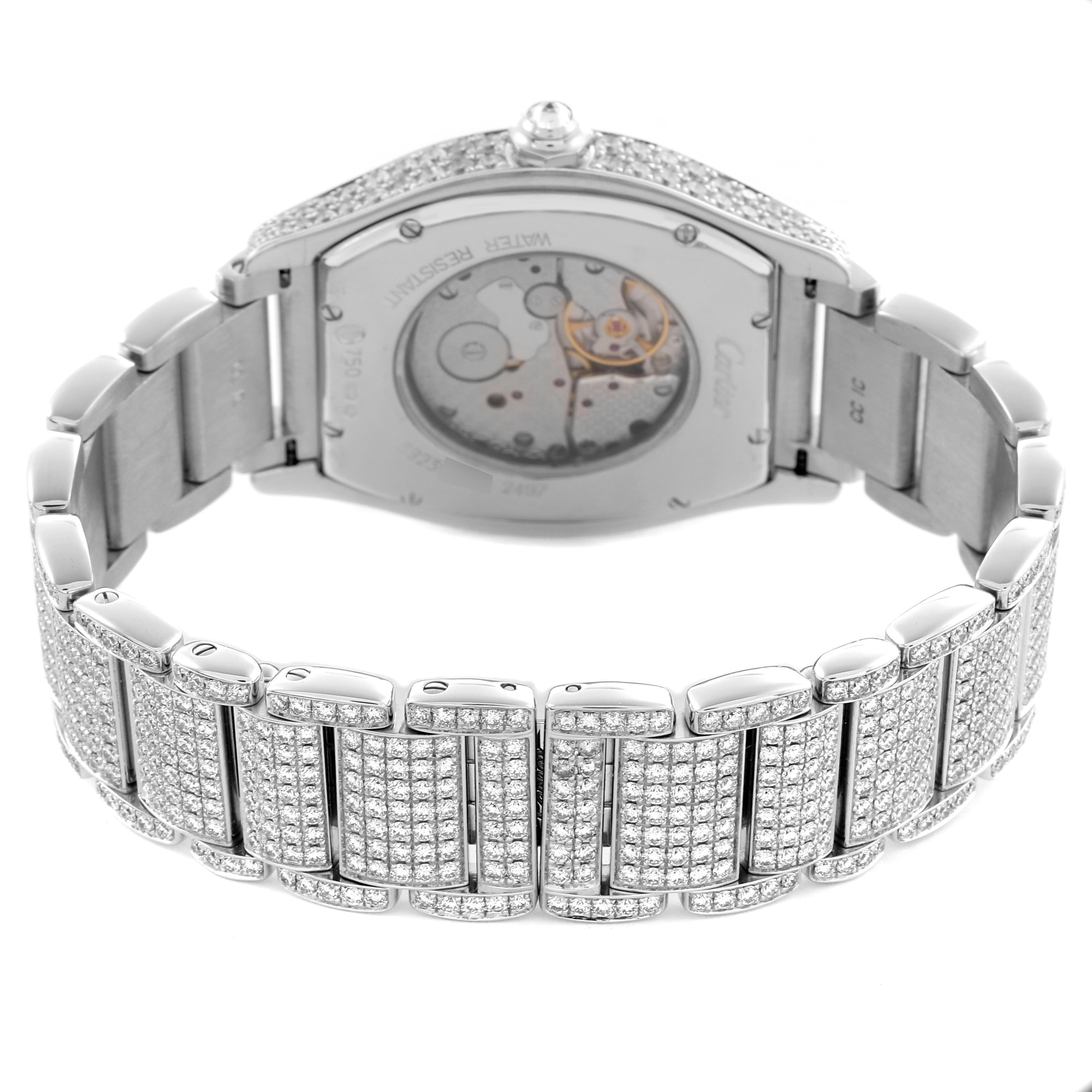 The image shows the back of a Cartier Tortue WA5043MC Men's White Gold Silver Dial WA5043MC Men's White Gold Silver Dial watch focused on the case back and bracelet, highlighting its intricate detailing.