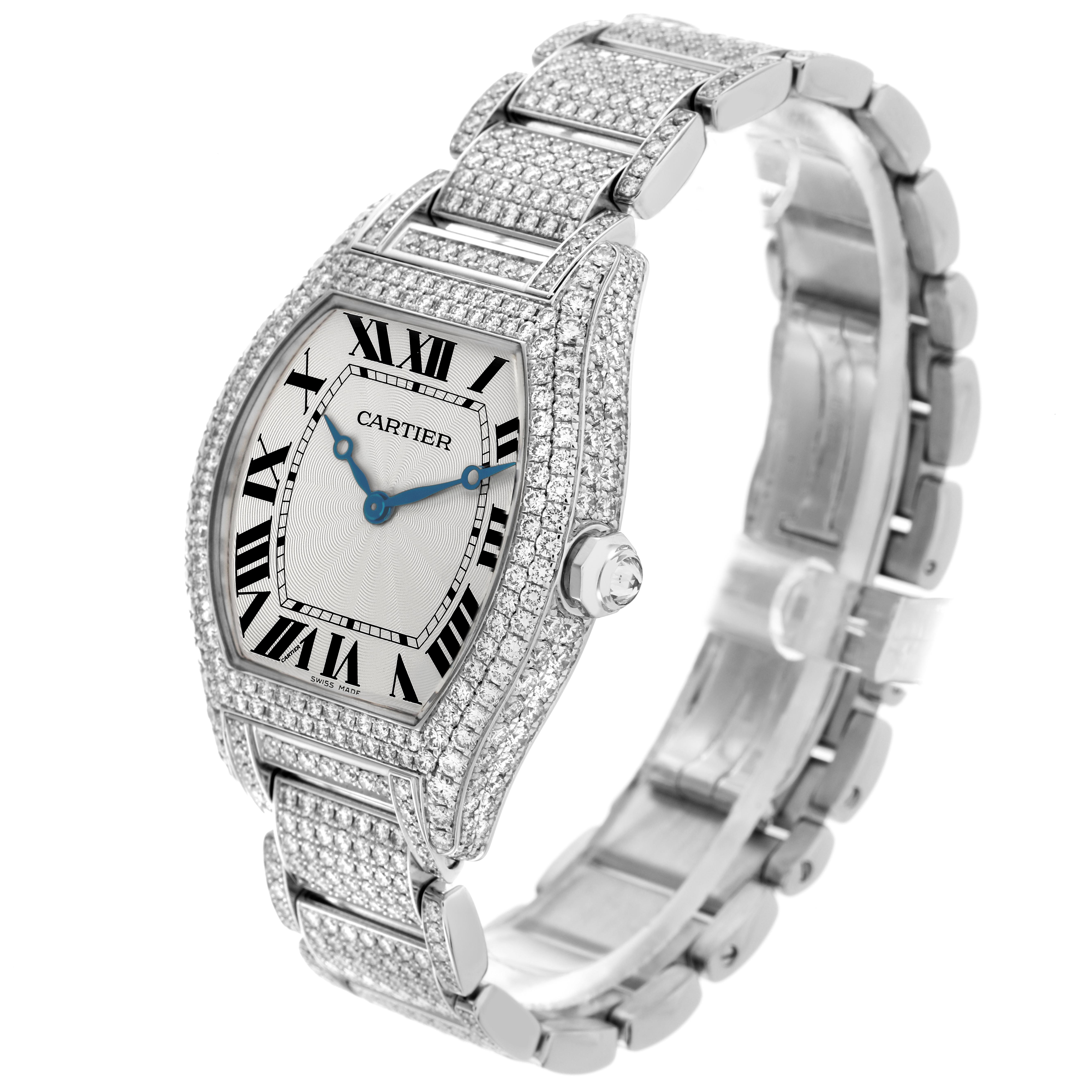 The Cartier Tortue WA5043MC Men's White Gold Silver Dial WA5043MC Men's White Gold Silver Dial watch is shown at a slight angle highlighting the face, Roman numerals, and diamond-encrusted band.