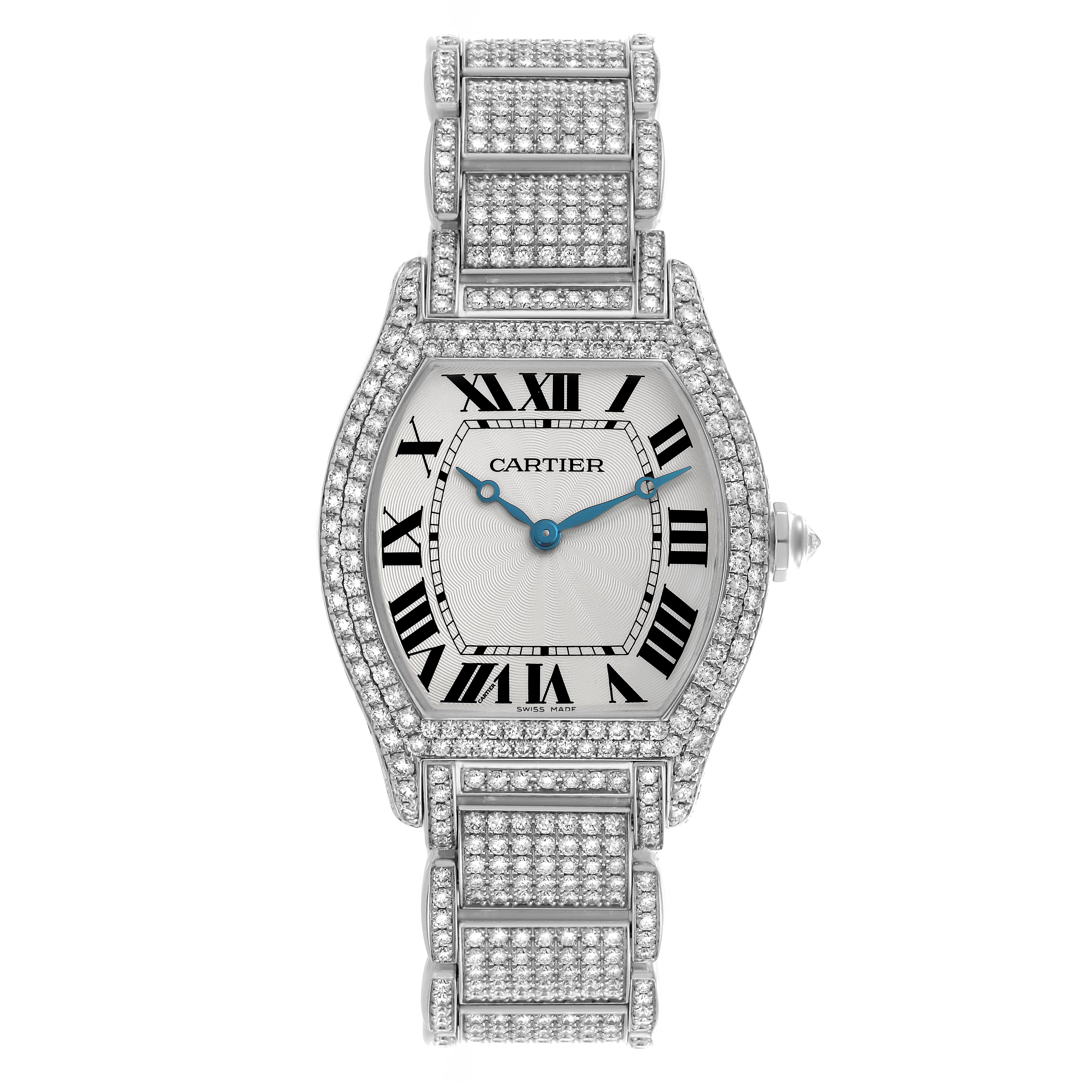 The Cartier Tortue WA5043MC Men's White Gold Silver Dial WA5043MC Men's White Gold Silver Dial watch is shown from a top view, highlighting its diamond-encrusted case, band, and Roman numeral dial.