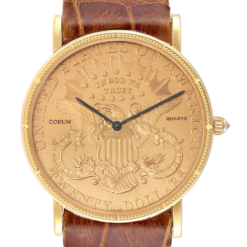 Corum Coin 20 Dollars Double Eagle Yellow Gold Brown Strap Mens Watch SwissWatchExpo
