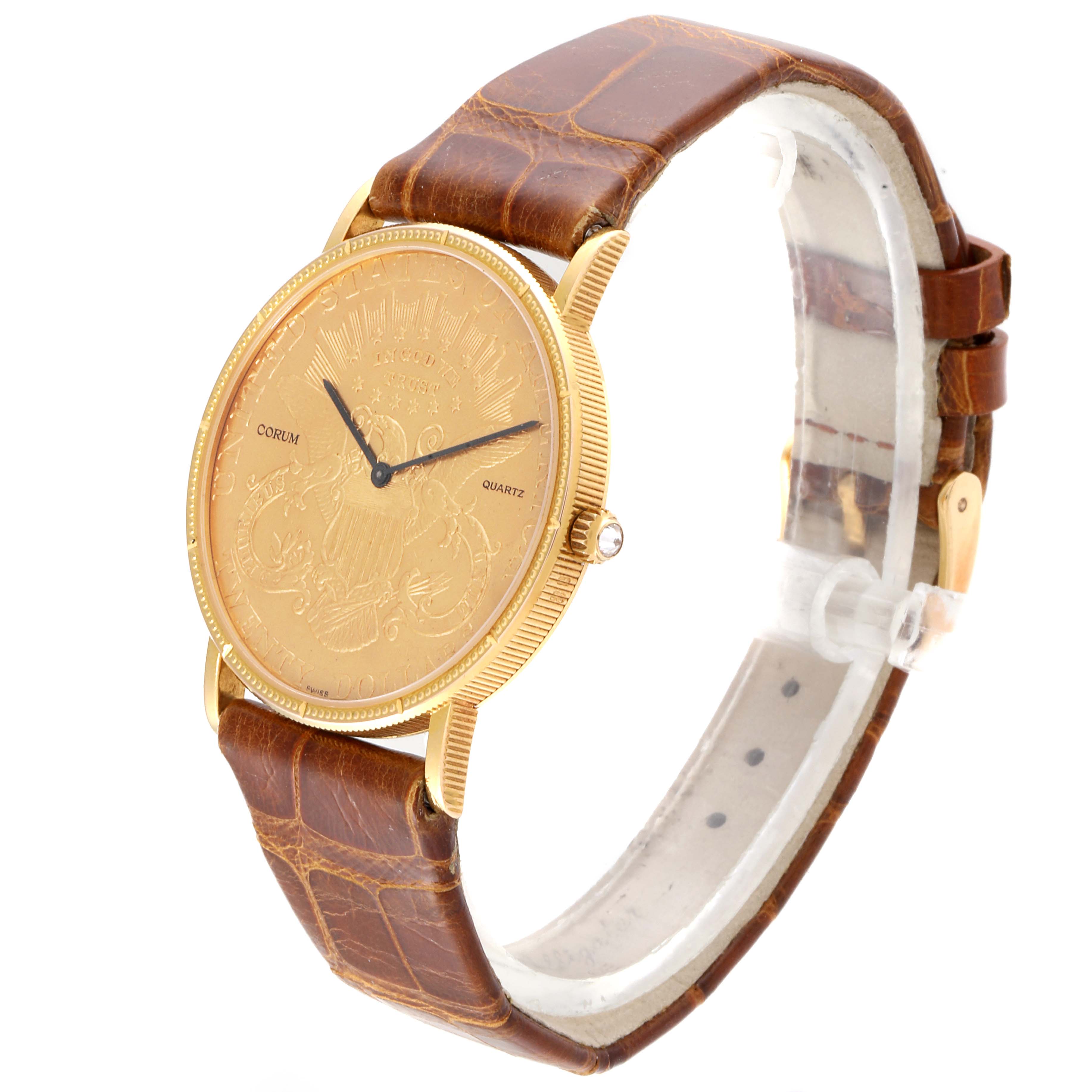This image shows a side-angle view of the Corum  Women's Yellow Gold Black Dial  Women's Yellow Gold Black Dial Coin 20 Dollars Double Eagle Yellow Gold Brown Strap Mens Watch, highlighting its face, bezel, and strap.
