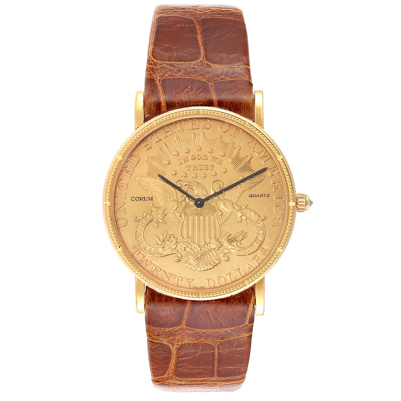 Corum Coin 20 Dollars Double Eagle Yellow Gold Brown Strap Mens