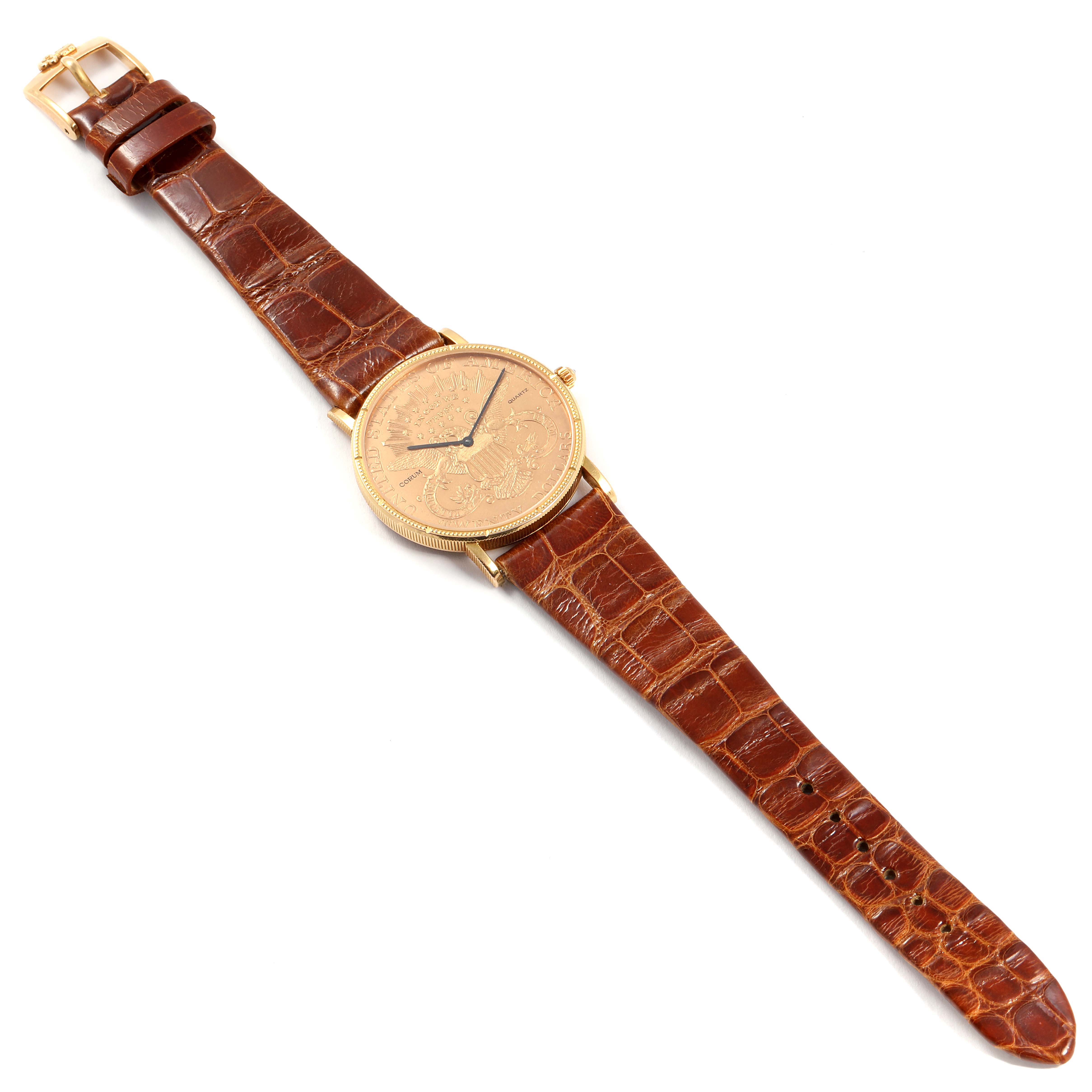 This image shows the full front view of the Corum  Women's Yellow Gold Black Dial  Women's Yellow Gold Black Dial Coin 20 Dollars Double Eagle Yellow Gold Brown Strap Mens Watch, emphasizing the watch face and strap.