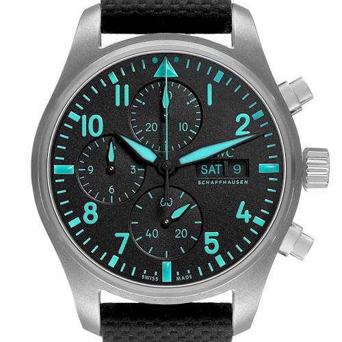 The IWC Pilot IW370607 Men's Titanium Black Dial watch is shown from the front, displaying the dial, luminescent numerals, sub-dials, and crown.