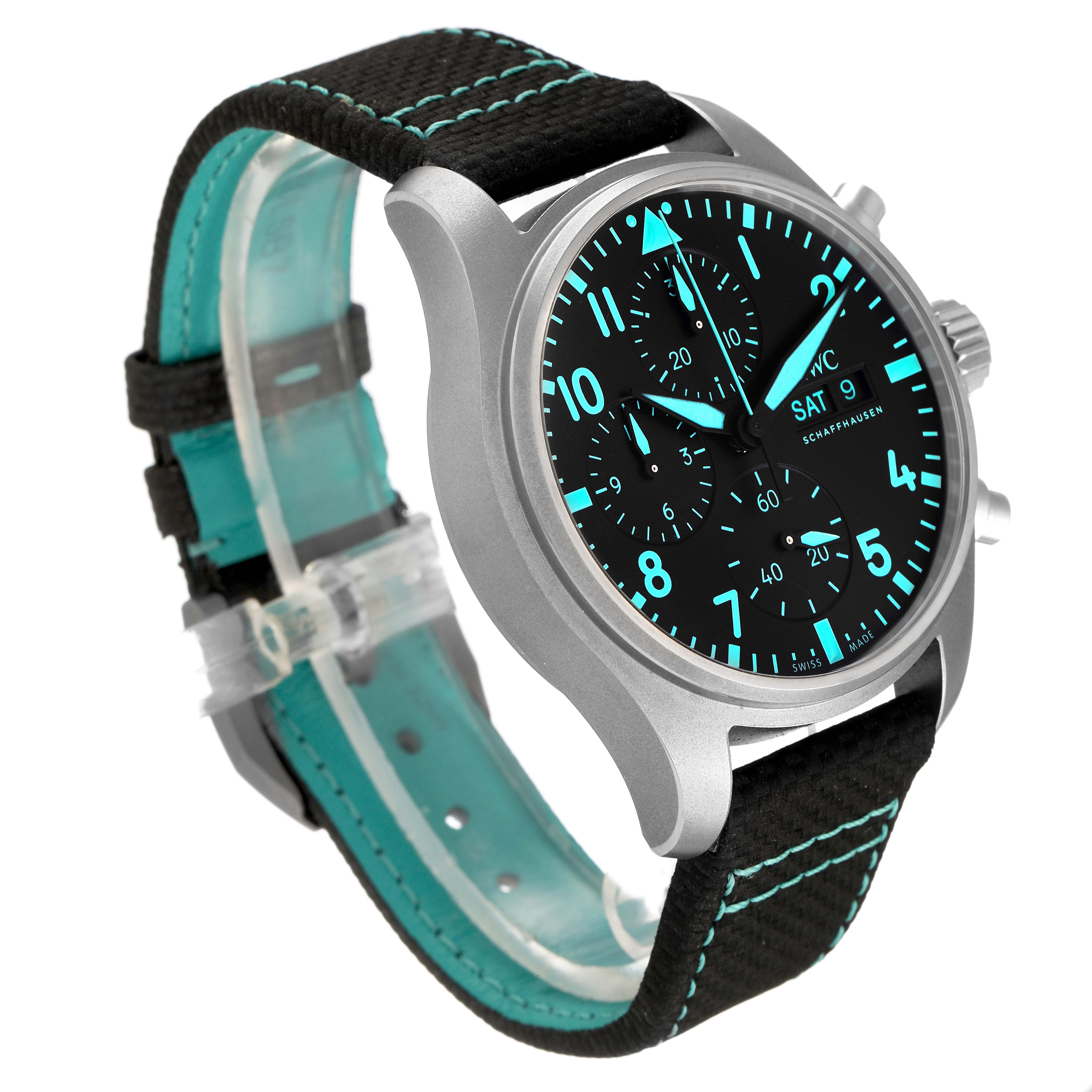 The IWC Pilot IW370607 Men's Titanium Black Dial watch is shown in a three-quarter angle, displaying the face, strap, and side buttons.