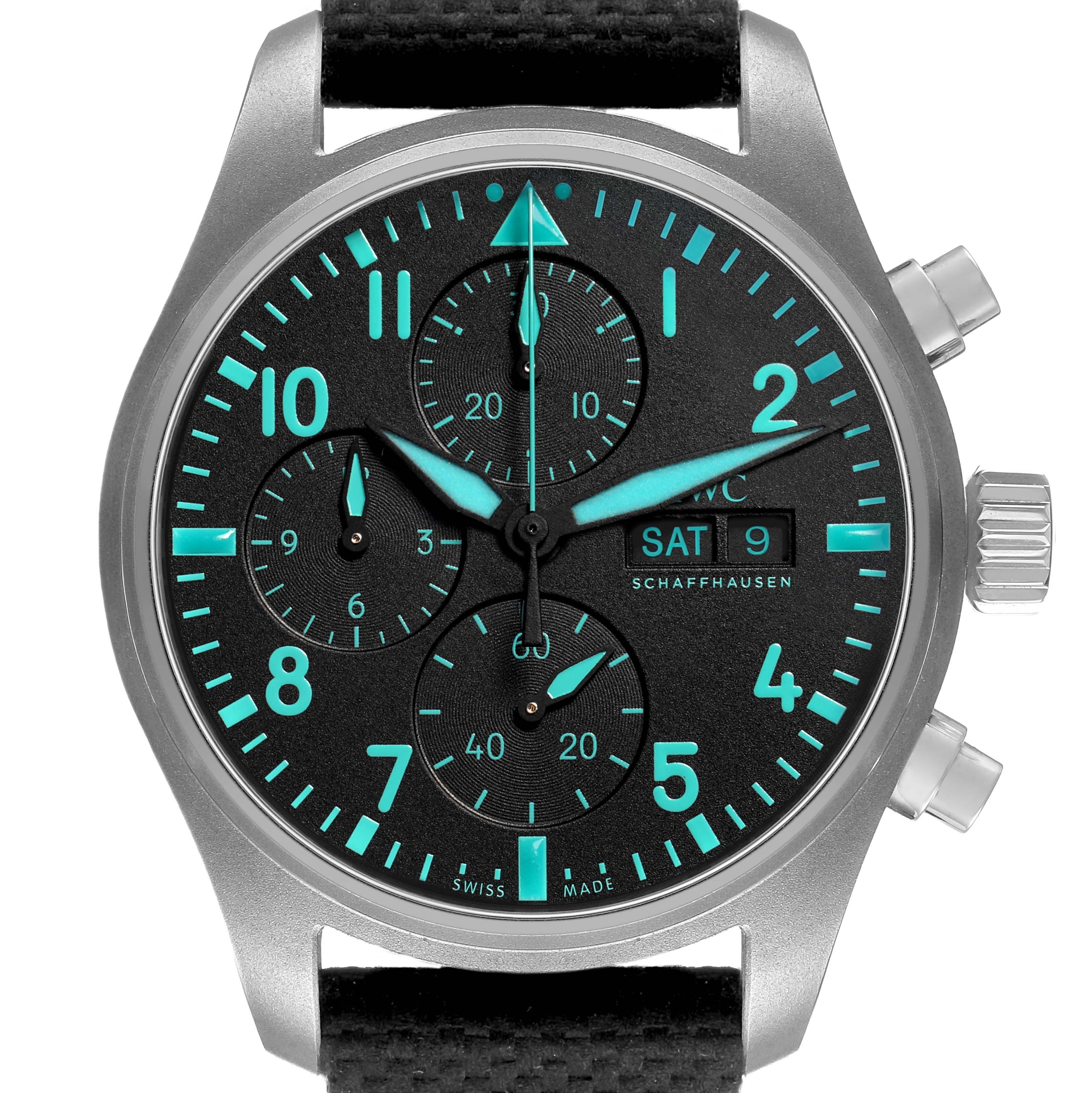 The IWC Pilot IW370607 Men's Titanium Black Dial model watch is shown from the front, displaying its face, hands, subdials, and pushers.