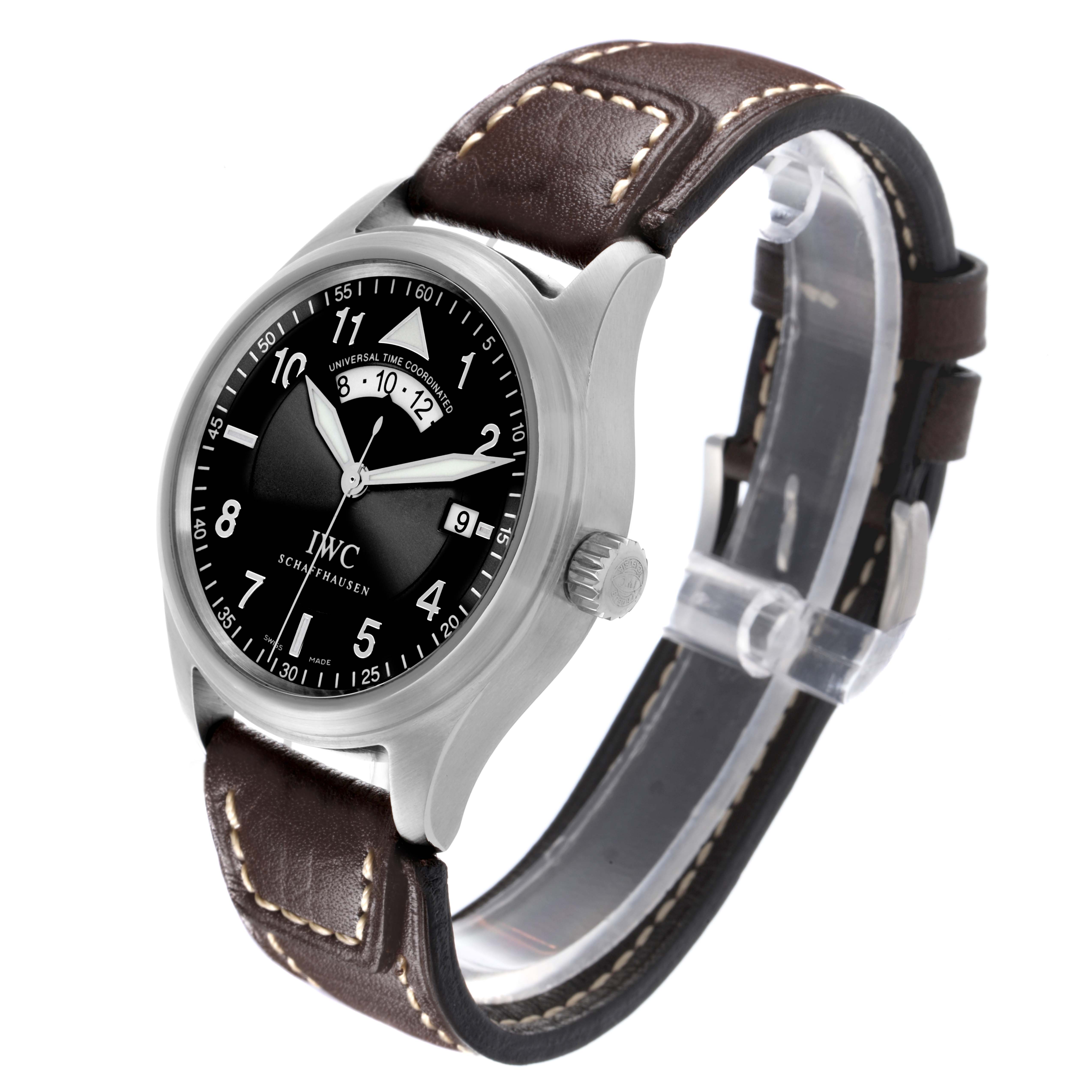 The IWC Pilot IW325105 Men's Stainless Steel Black Dial IW325105 Men's Stainless Steel Black Dial model watch is shown at a three-quarter angle, highlighting the dial, bezel, crown, and leather strap.
