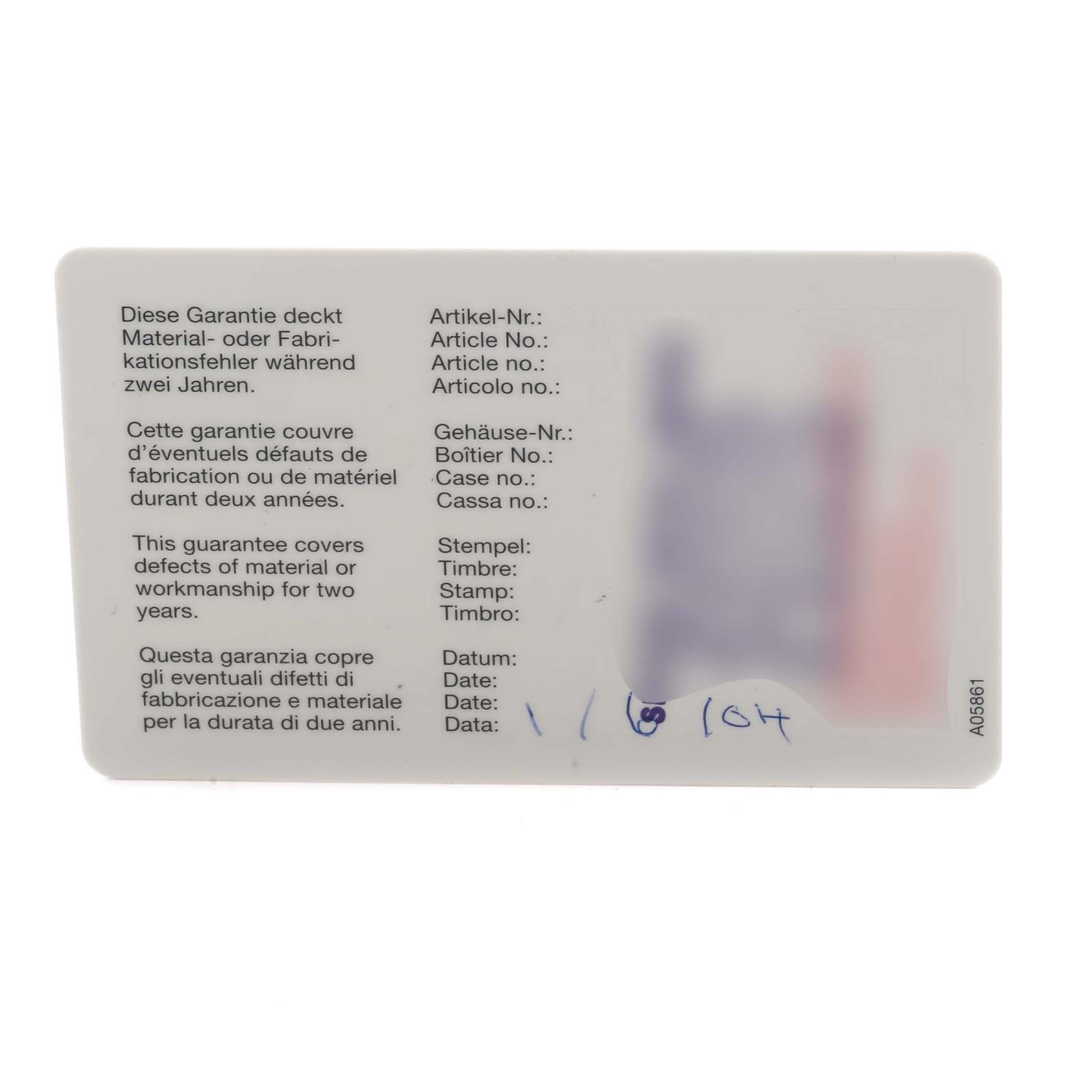 This image shows the warranty card for an IWC Pilot IW325105 Men's Stainless Steel Black Dial IW325105 Men's Stainless Steel Black Dial model watch.