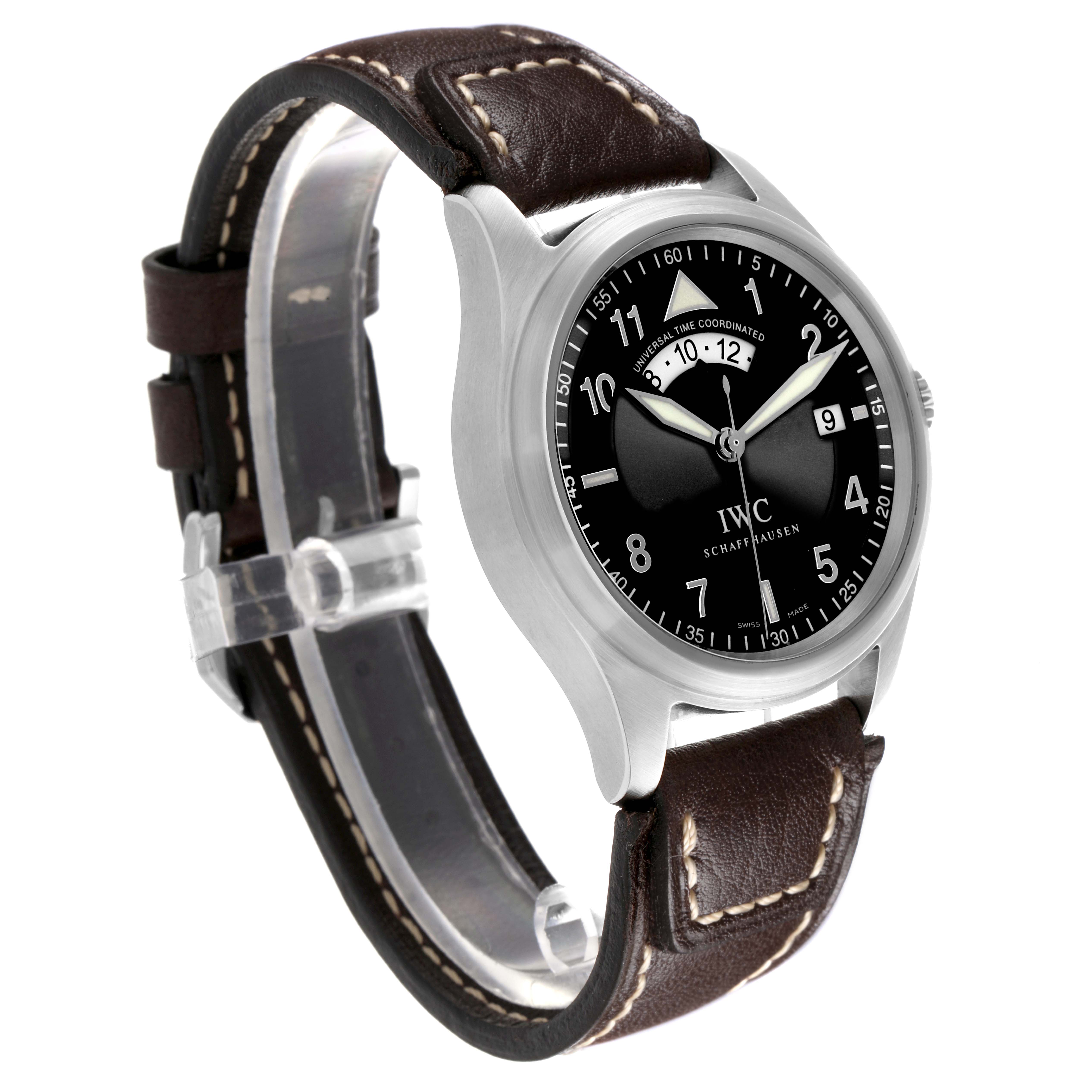 The IWC Pilot IW325105 Men's Stainless Steel Black Dial IW325105 Men's Stainless Steel Black Dial watch is shown at a 3/4 angle, highlighting the face, leather strap, and side profile of the case.