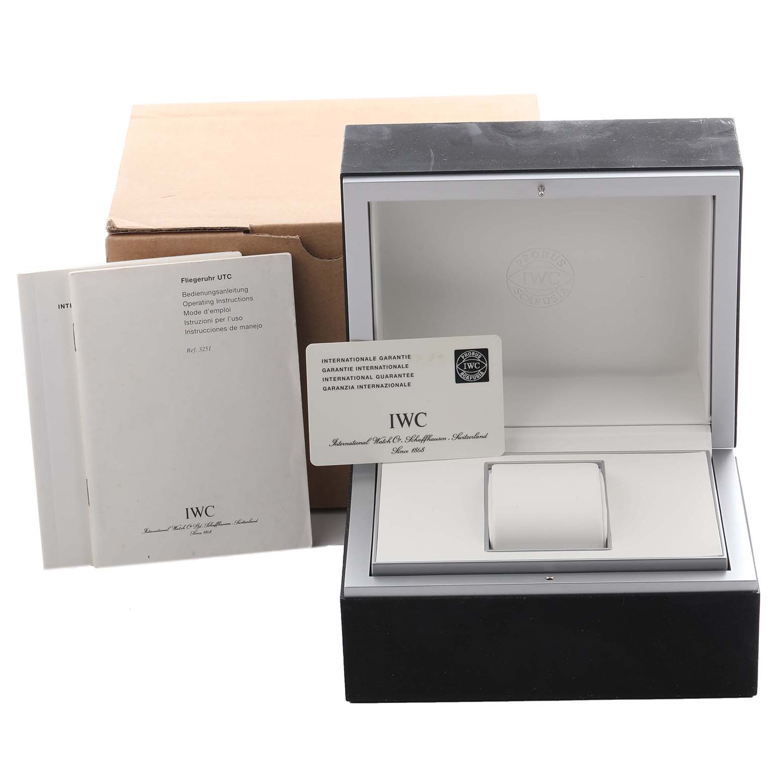 The image shows the IWC Pilot IW325105 Men's Stainless Steel Black Dial IW325105 Men's Stainless Steel Black Dial watch box set, including the presentation box, warranty card, and instruction manual.