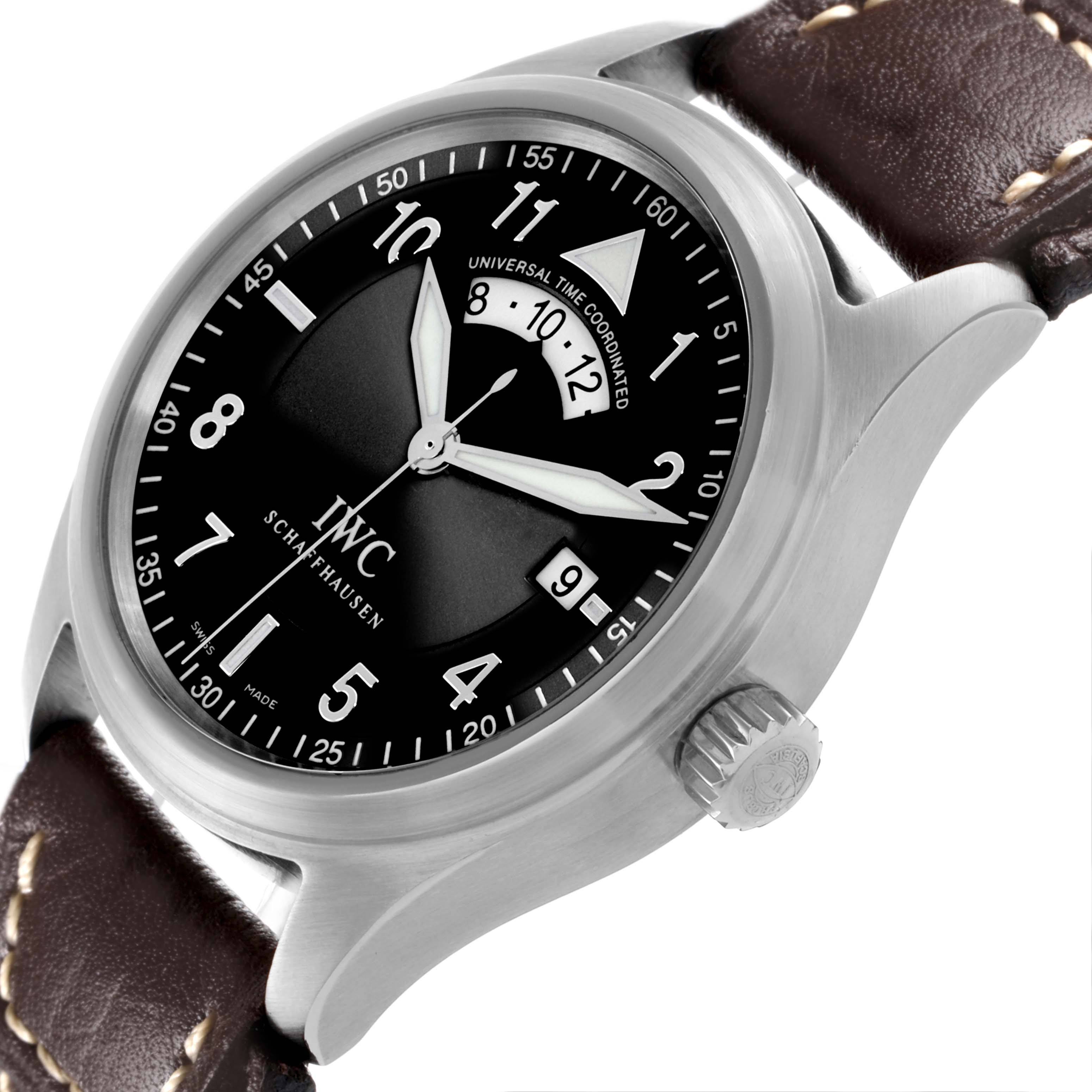 The IWC Pilot IW325105 Men's Stainless Steel Black Dial IW325105 Men's Stainless Steel Black Dial watch is shown at an oblique angle, highlighting its dial, crown, and leather strap.
