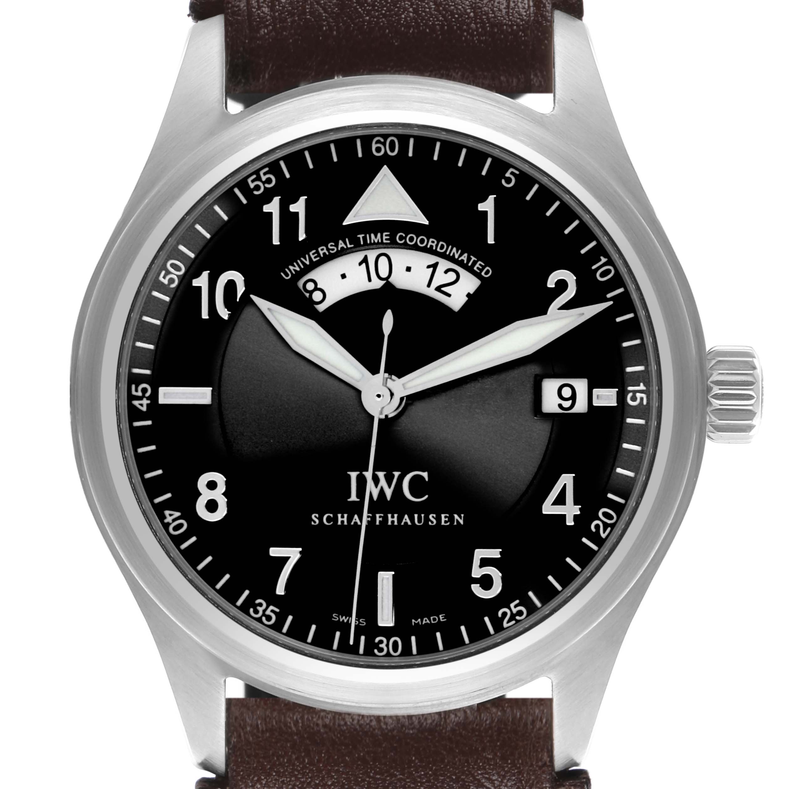 The IWC Pilot IW325105 Men's Stainless Steel Black Dial IW325105 Men's Stainless Steel Black Dial watch is shown from the front, displaying its dial, bezels, crown, and part of the leather strap.