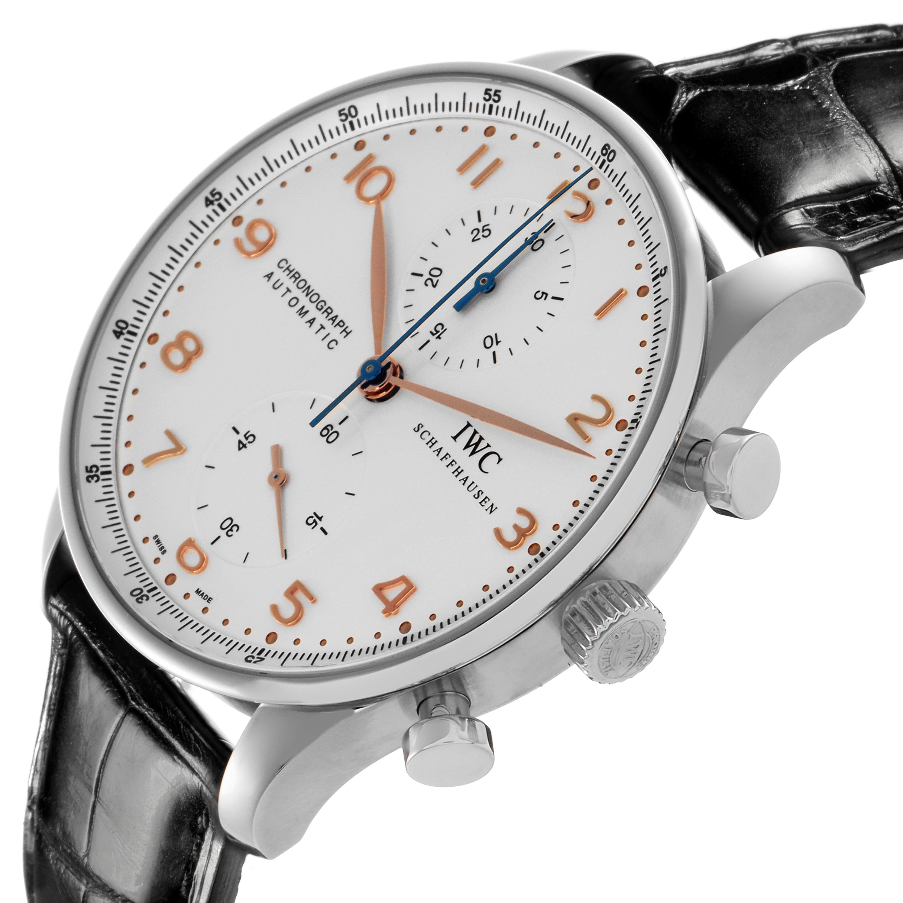 The IWC Portuguese IW371401 Men's Stainless Steel Silver Dial IW371401 Men's Stainless Steel Silver Dial watch is shown from a side angle displaying the crown, pushers, watch face, and leather strap.