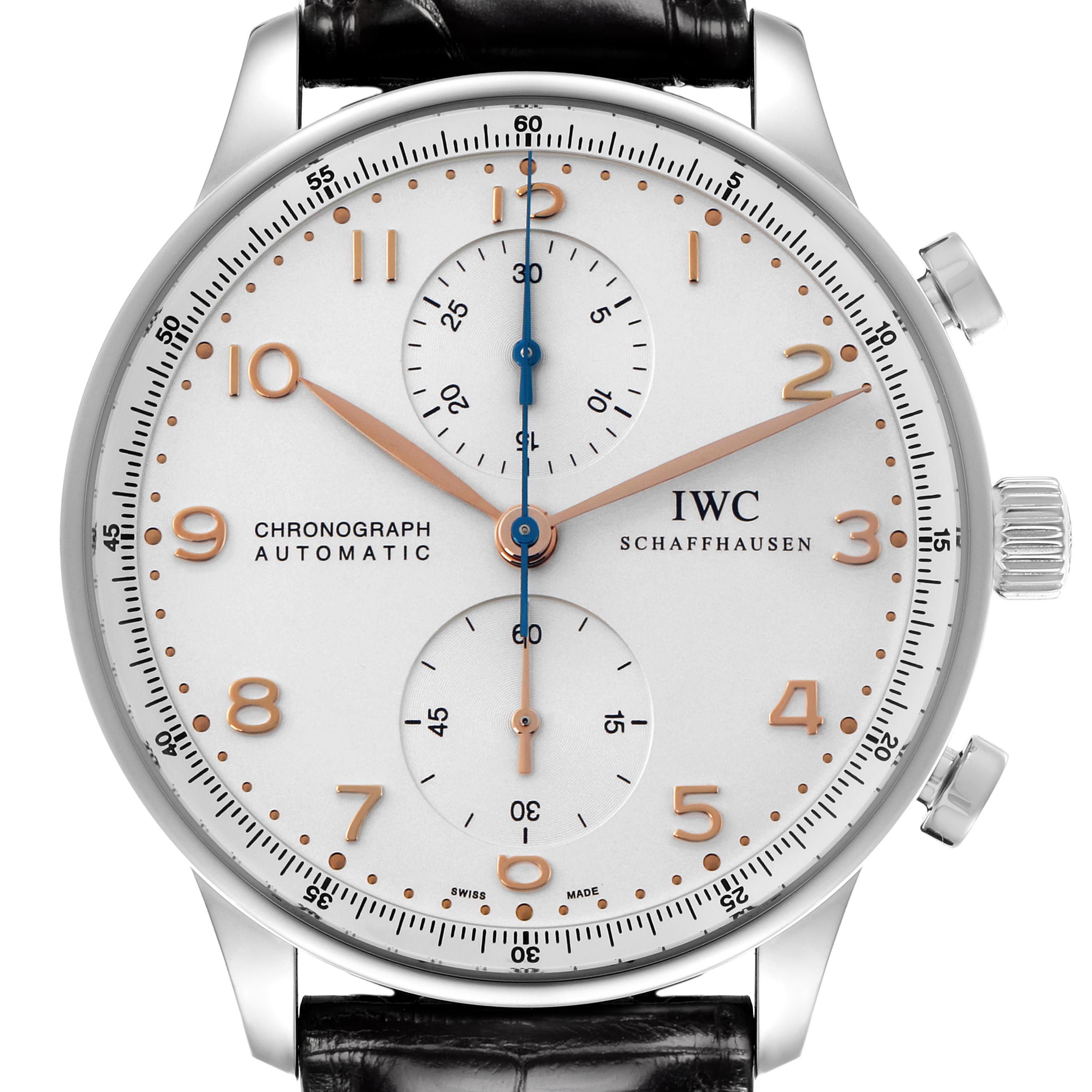 This IWC Portuguese IW371401 Men's Stainless Steel Silver Dial IW371401 Men's Stainless Steel Silver Dial watch is shown from the front, highlighting the dial, hands, subdials, crown, and leather strap.