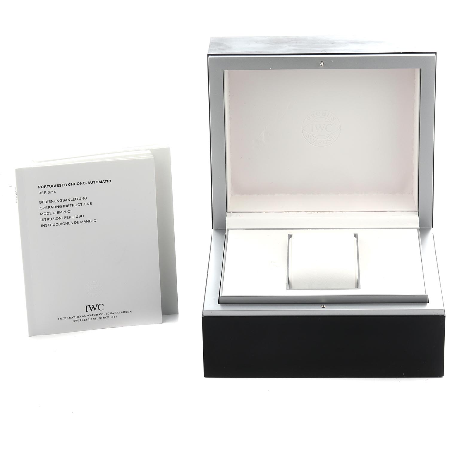 The image shows an IWC Portuguese IW371401 Men's Stainless Steel Silver Dial IW371401 Men's Stainless Steel Silver Dial watch box and instruction manual at a slight angle.