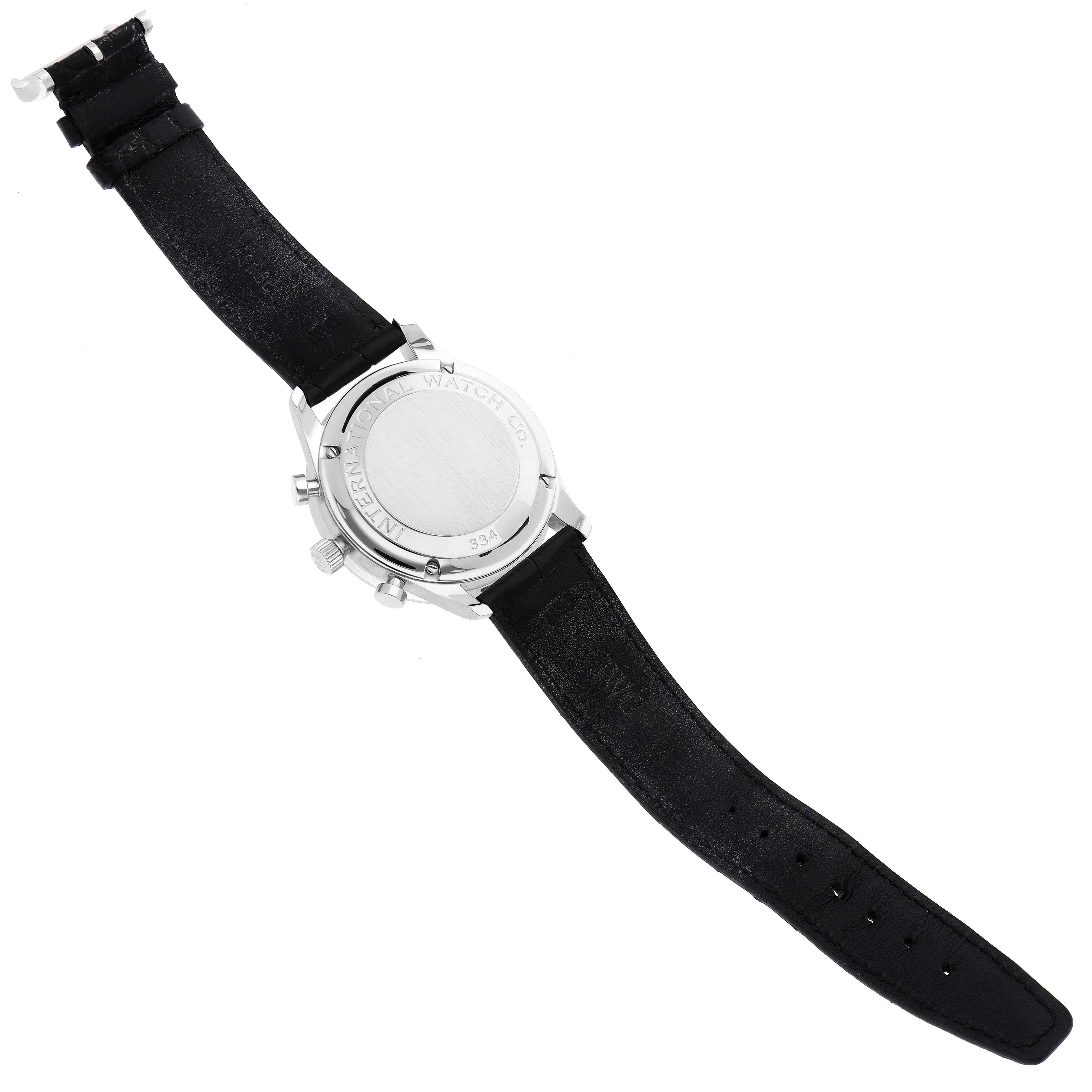 The IWC Portuguese IW371401 Men's Stainless Steel Silver Dial IW371401 Men's Stainless Steel Silver Dial watch is shown from the back, highlighting the case back and black leather strap.