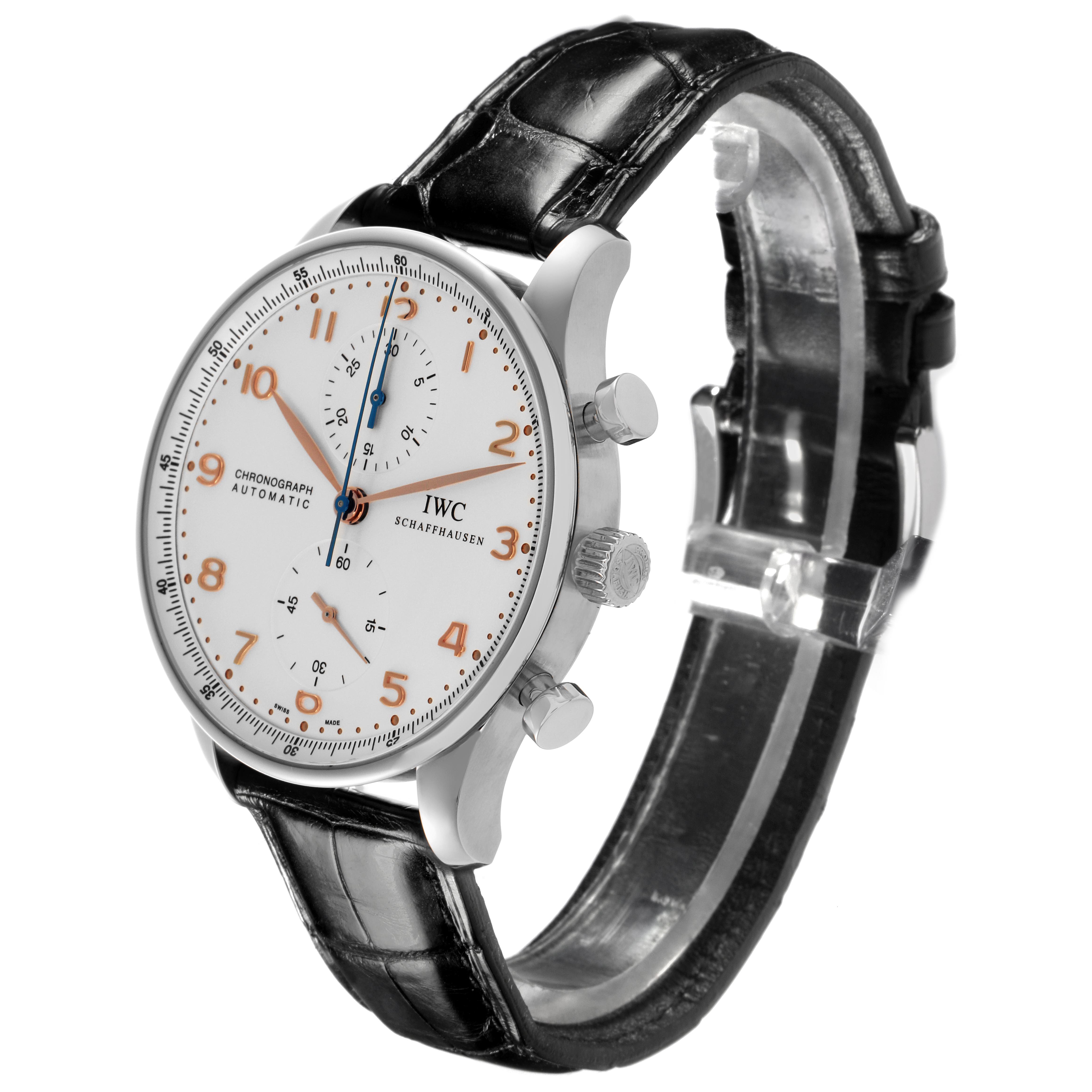 The IWC Portuguese IW371401 Men's Stainless Steel Silver Dial IW371401 Men's Stainless Steel Silver Dial watch is shown at a three-quarter angle, displaying the dial, crown, pushers, and leather strap.