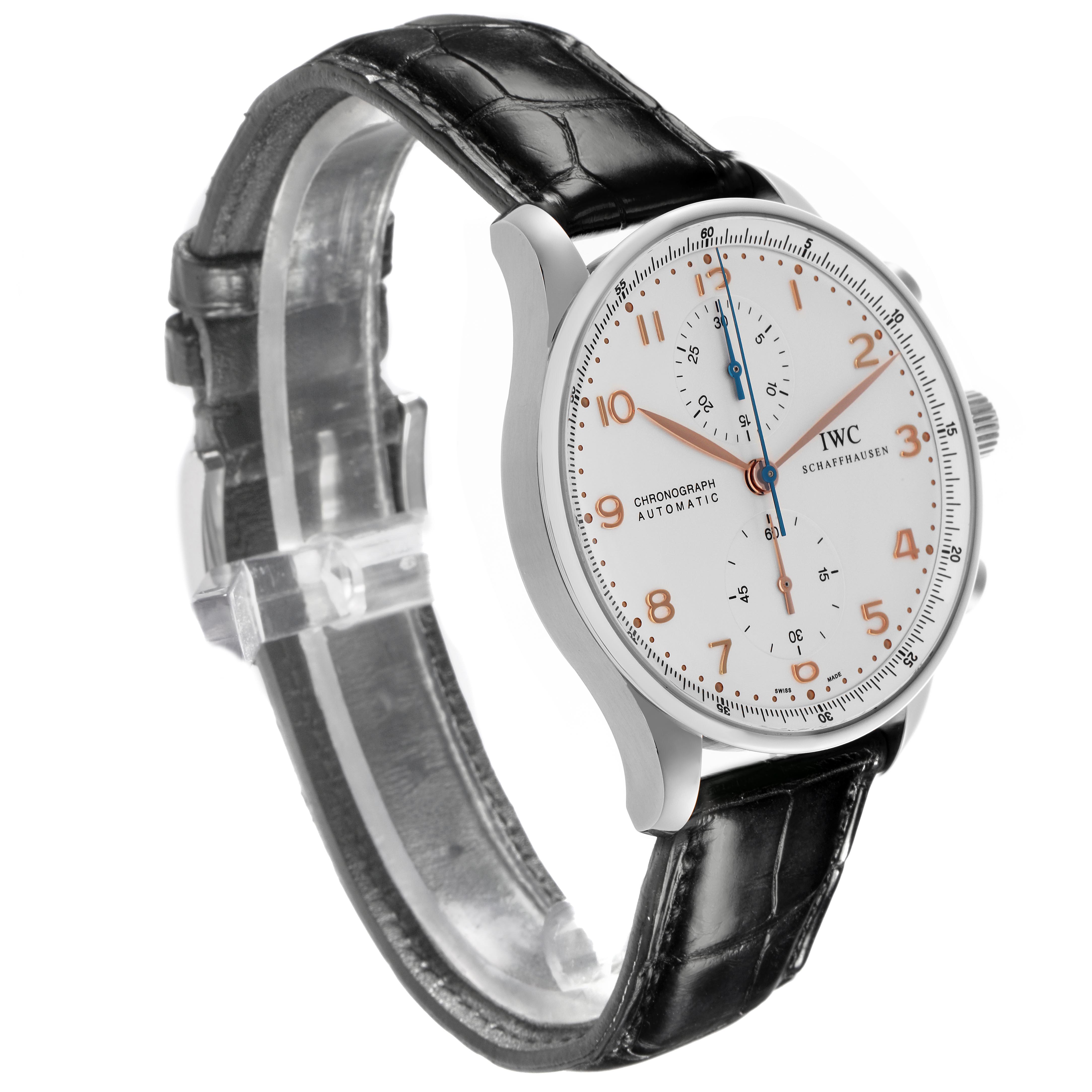 The IWC Portuguese IW371401 Men's Stainless Steel Silver Dial IW371401 Men's Stainless Steel Silver Dial watch is shown in a side angle, highlighting the dial, case, crown, and leather strap.