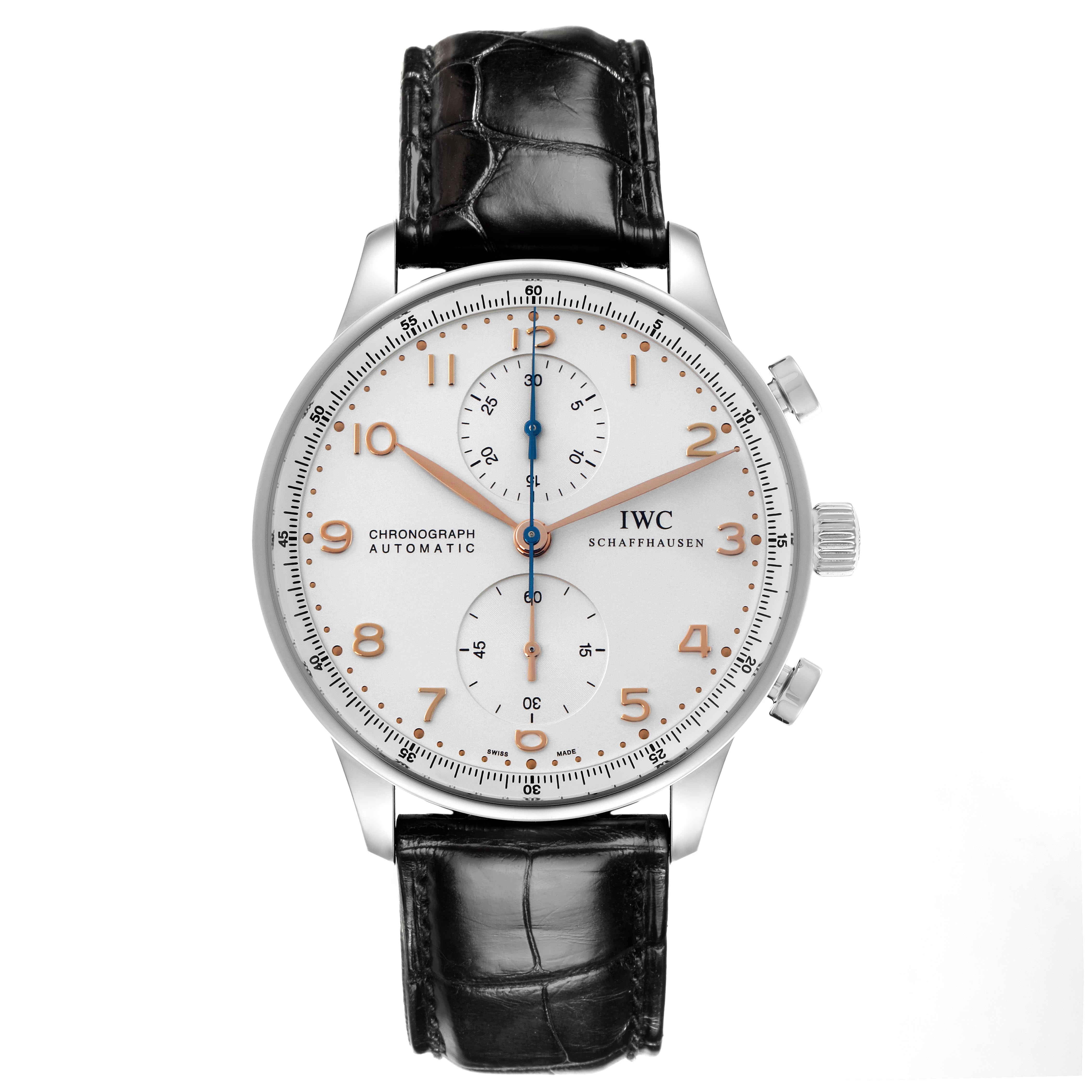 The IWC Portuguese IW371401 Men's Stainless Steel Silver Dial IW371401 Men's Stainless Steel Silver Dial watch is shown from a front angle, displaying the dial, hands, chronograph sub-dials, and leather strap.