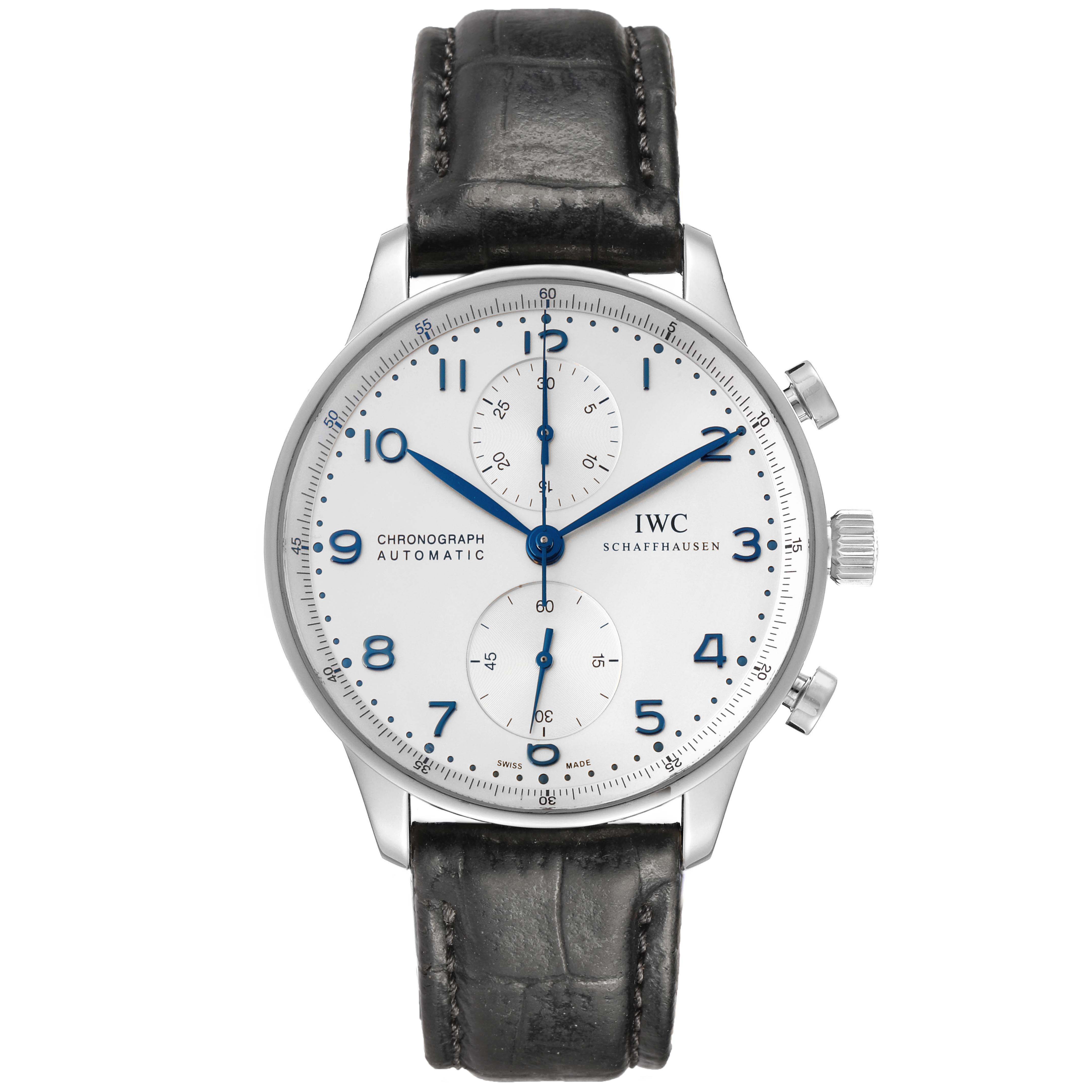 The IWC Portuguese IW371446 Men's Stainless Steel Silver Dial watch is shown from the front, displaying the dial, hands, subdials, crown, and part of the strap.