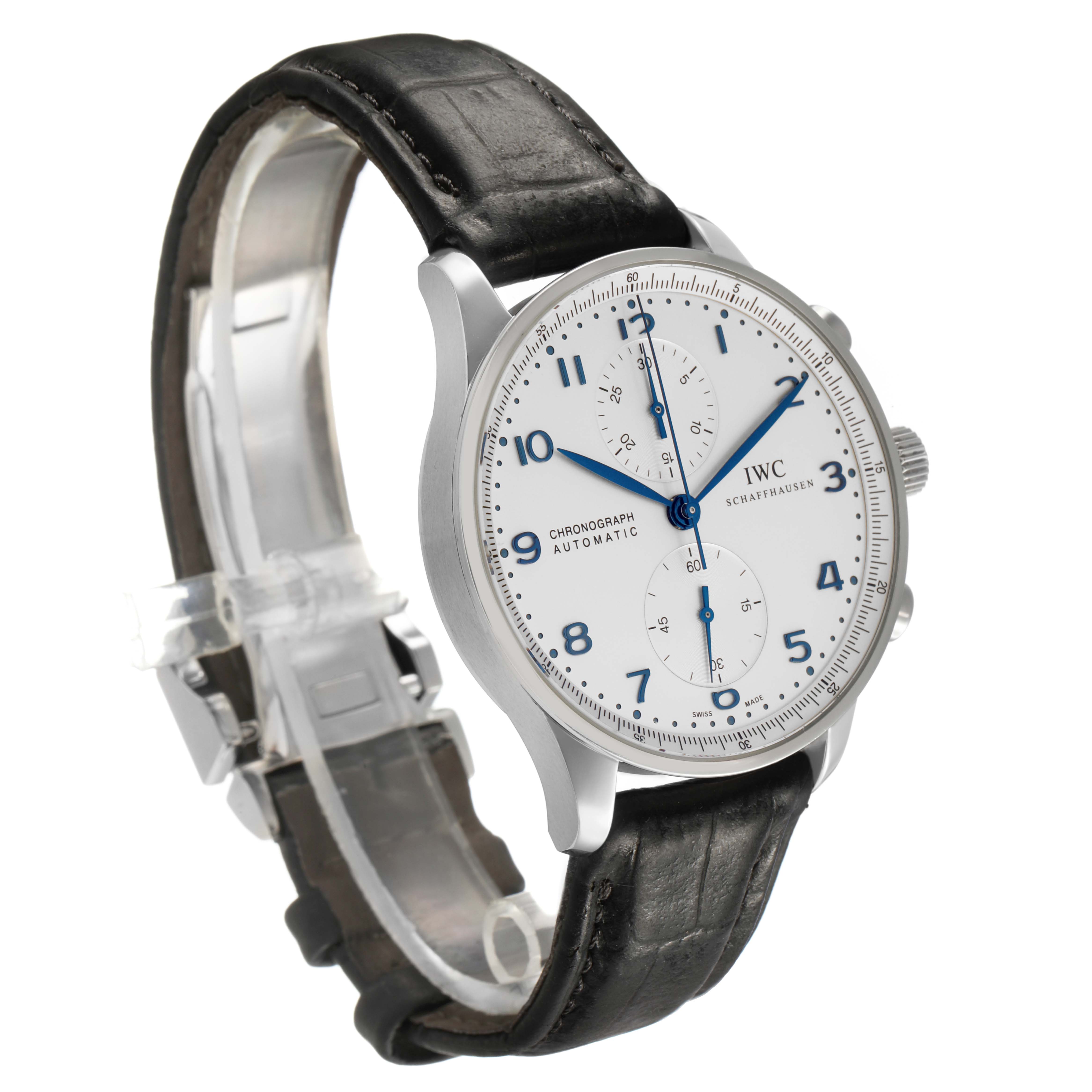 The IWC Portuguese IW371446 Men's Stainless Steel Silver Dial watch is shown at a slight angle, highlighting the dial, hands, case, and leather strap.