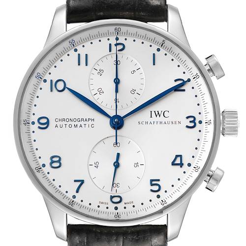 The IWC Portuguese IW371446 Men's Stainless Steel Silver Dial model watch is shown from a front angle, highlighting the dial, hands, sub-dials, and crown.